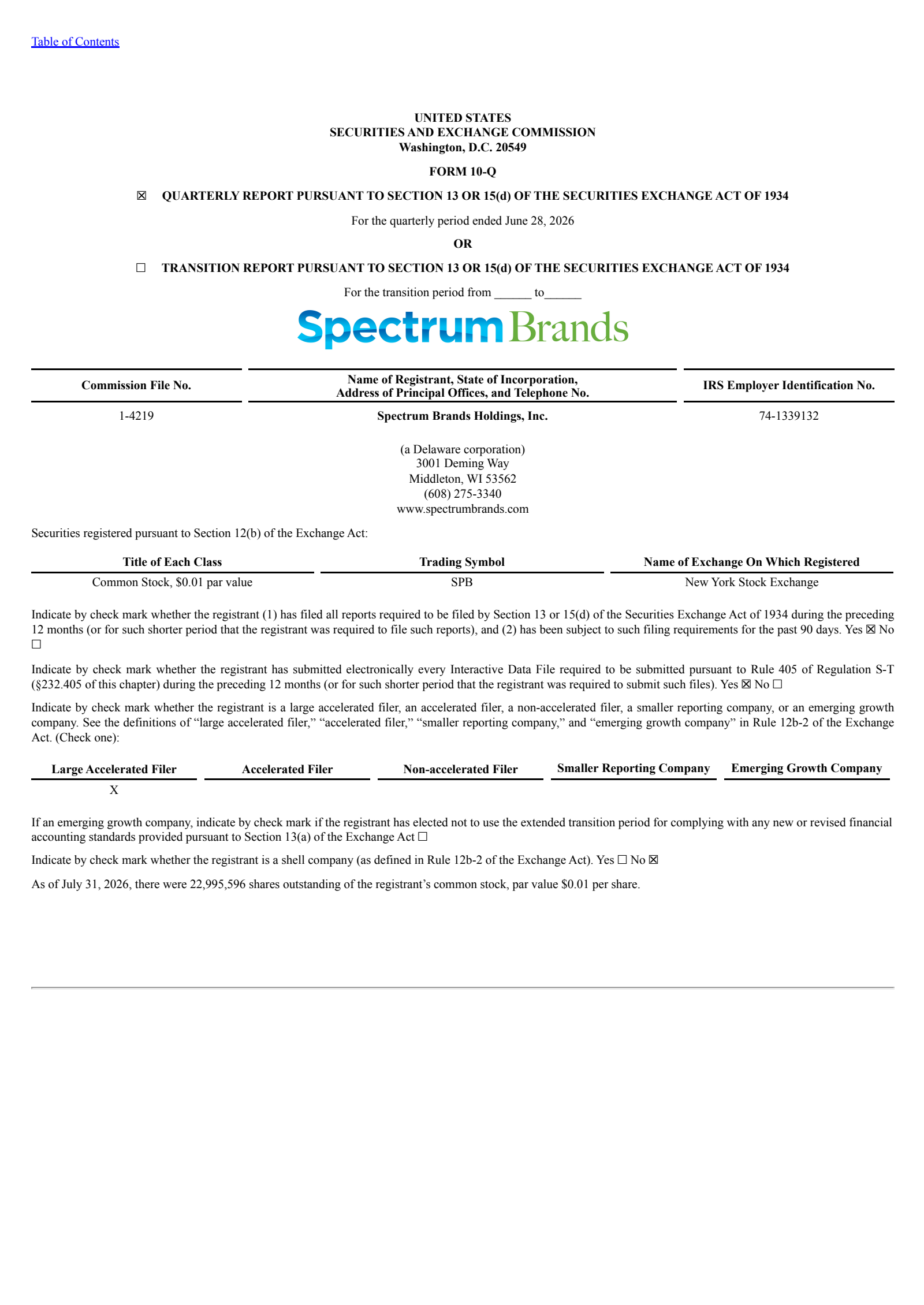 Spectrum Brands' Q3 2026 Quarterly report