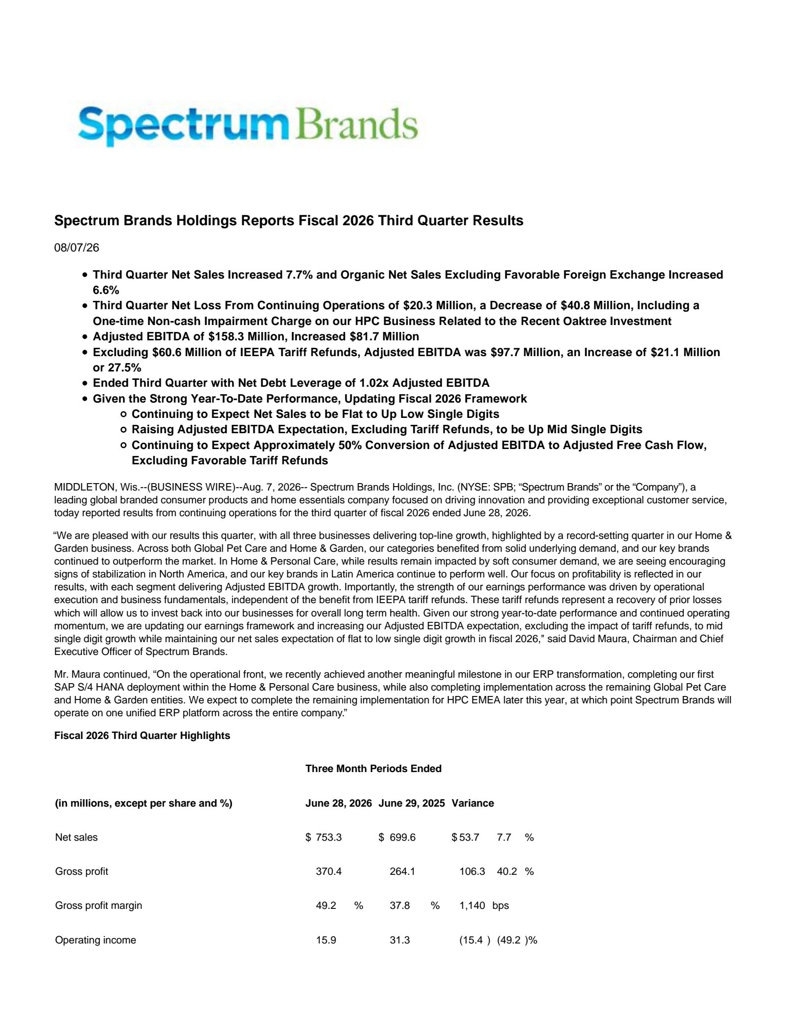 Spectrum Brands' Q3 2026 Press Release