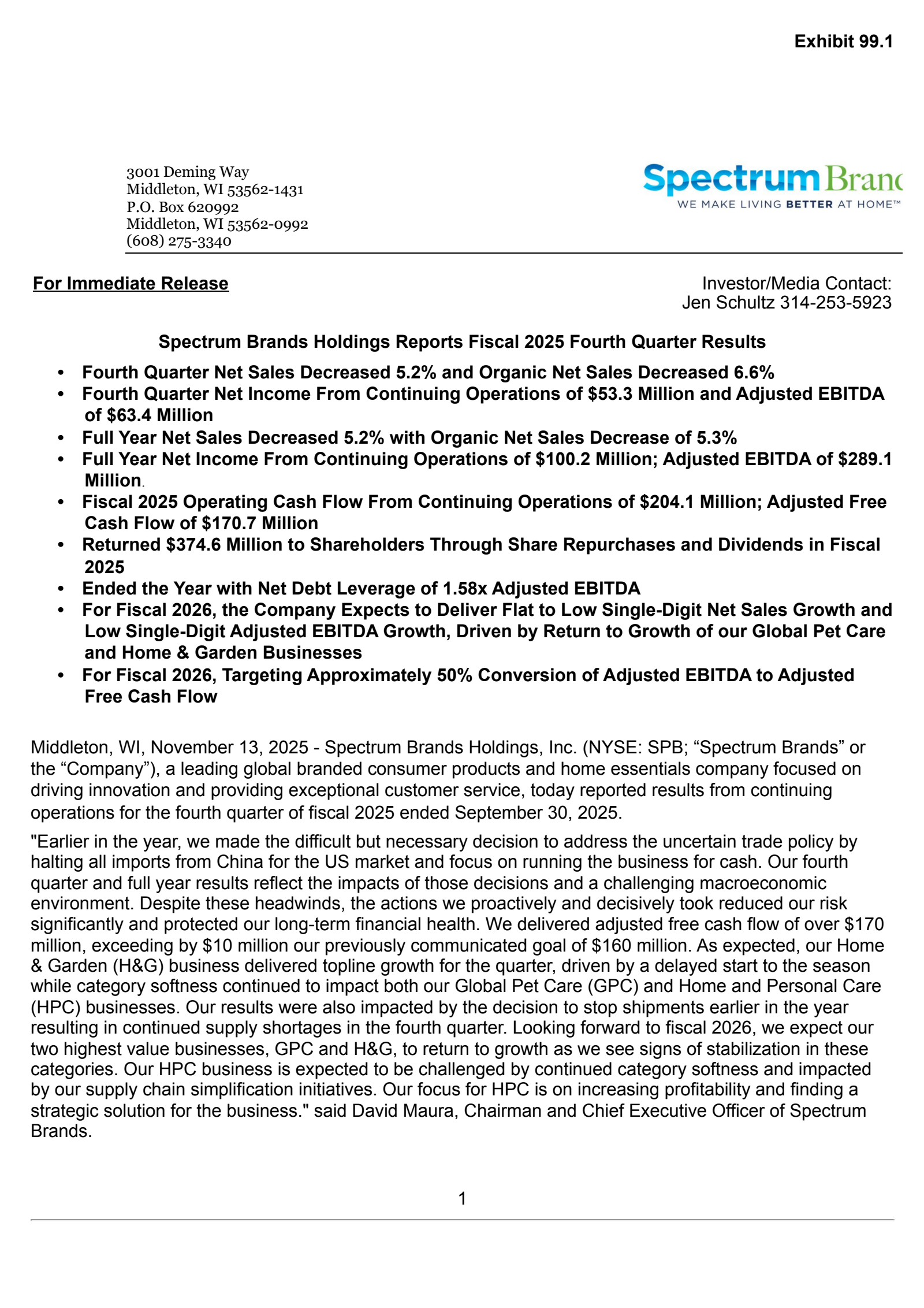 Spectrum Brands' Q4 2025 Earnings Release