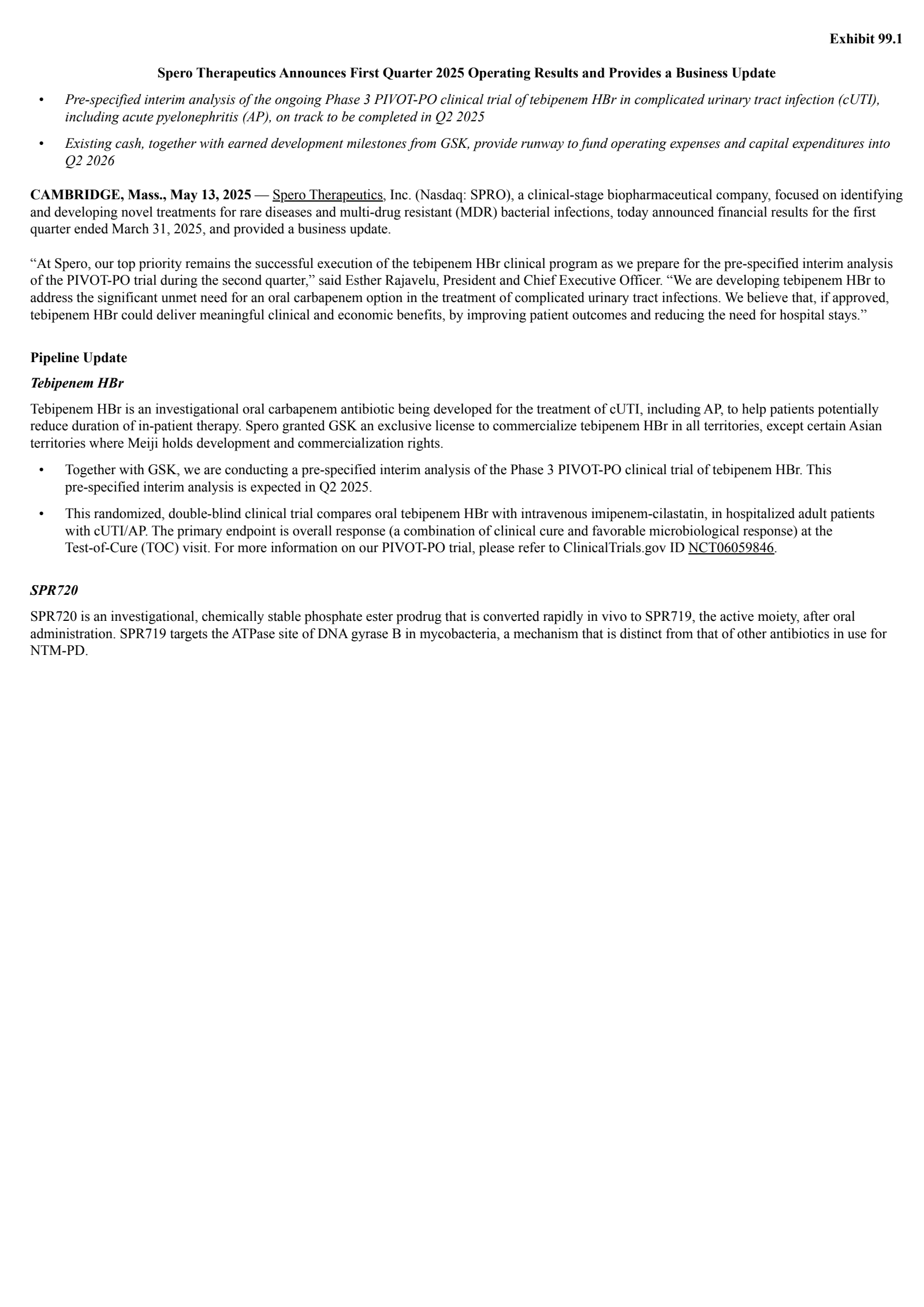 Spero Therapeutics' Q1 2025 Press Release