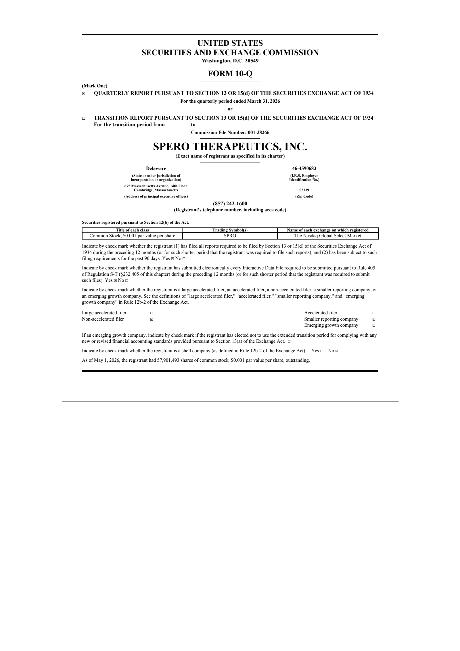 Spero Therapeutics' Q1 2026 Quarterly report