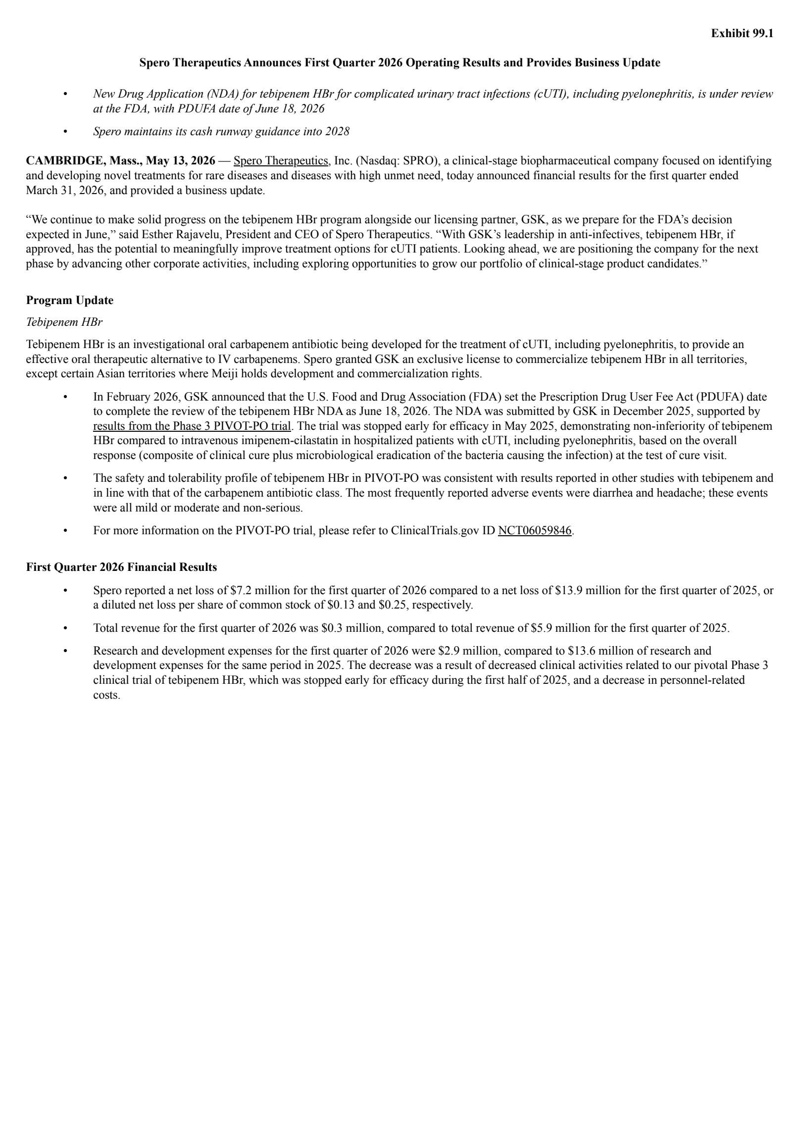 Spero Therapeutics' Q1 2026 Press Release