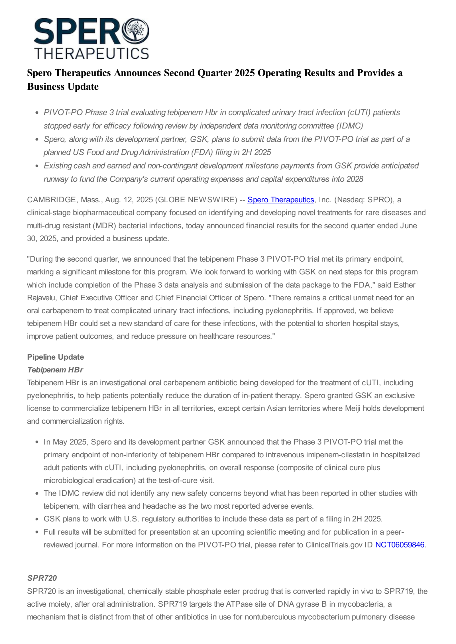 Spero Therapeutics' Q2 2025 Press Release