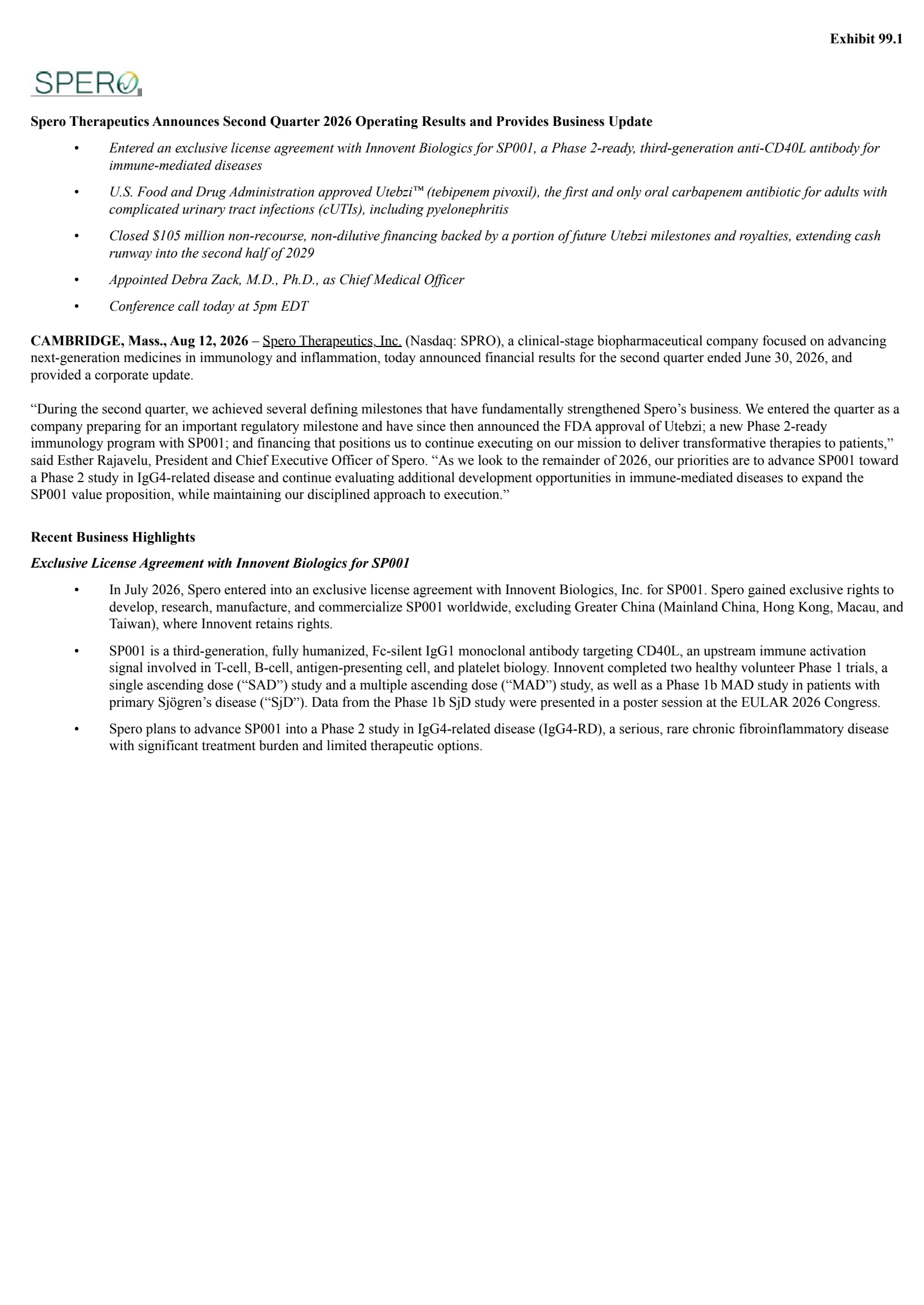 Spero Therapeutics' Q2 2026 Press Release
