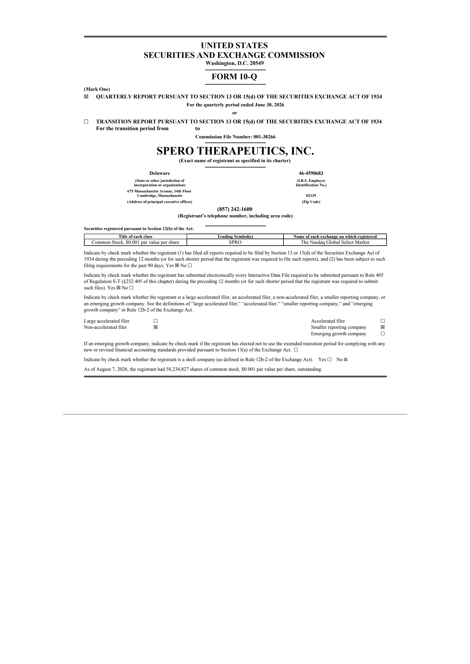 Spero Therapeutics' Q2 2026 Quarterly report