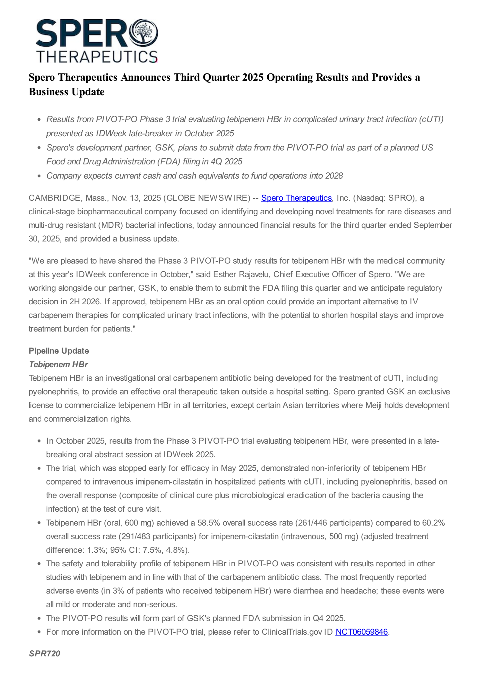 Spero Therapeutics' Q3 2025 Earnings Release