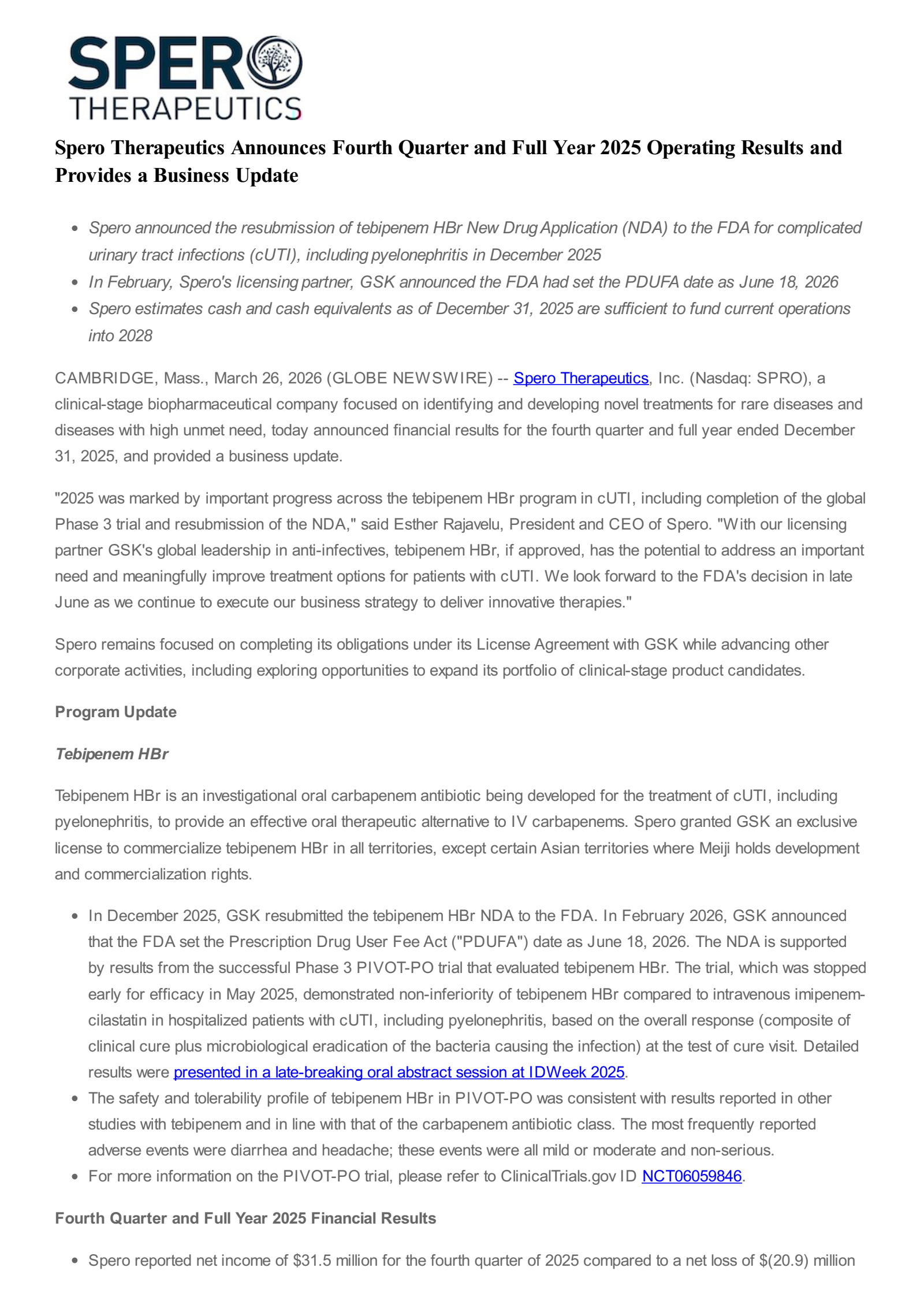 Spero Therapeutics' Q4 2025 Press Release