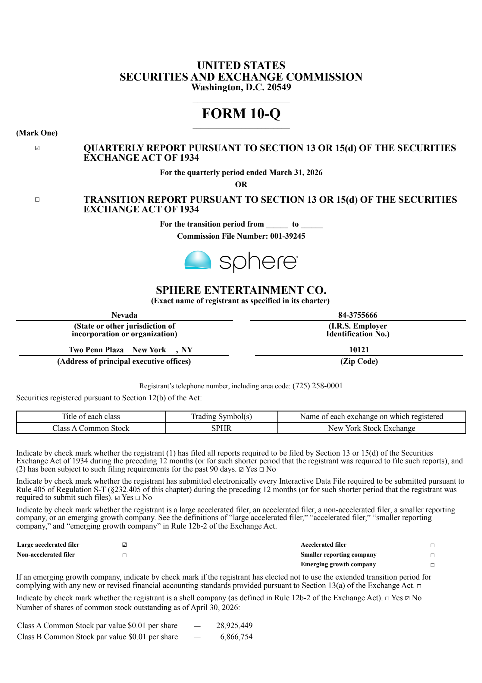 Sphere Entertainment's Q1 2026 Quarterly report