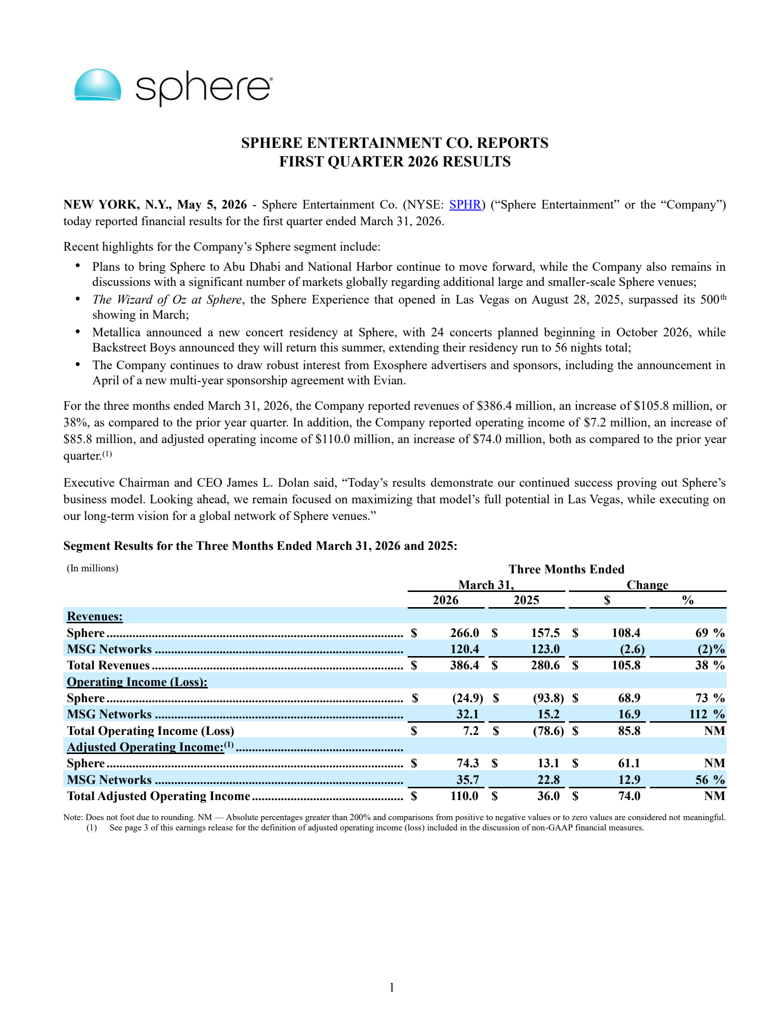 Sphere Entertainment's Q1 2026 Press Release