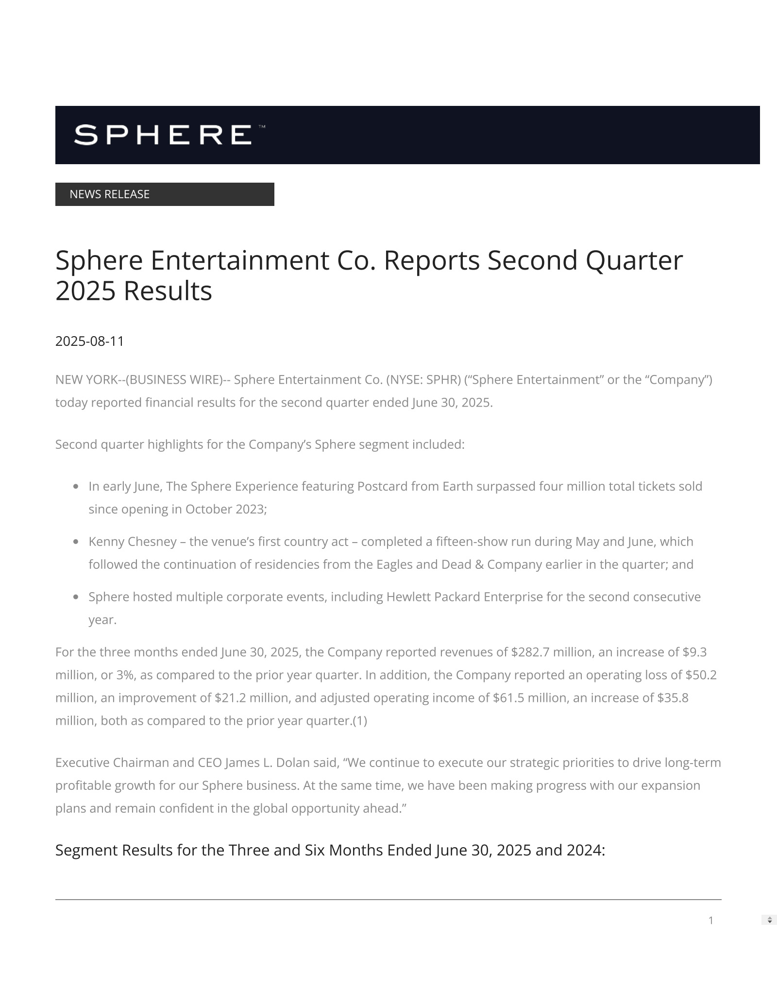 Sphere Entertainment's Q2 2025 Press Release