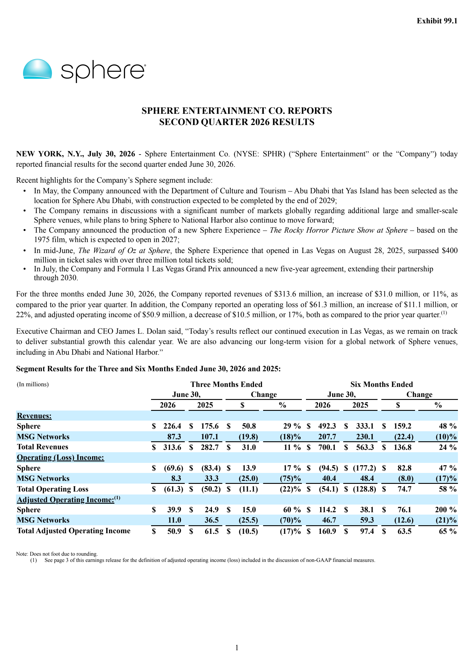 Sphere Entertainment's Q2 2026 Press Release