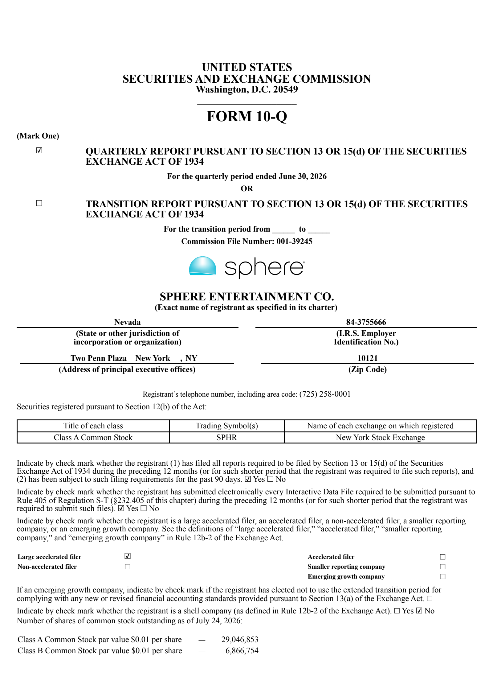 Sphere Entertainment's Q2 2026 Quarterly report