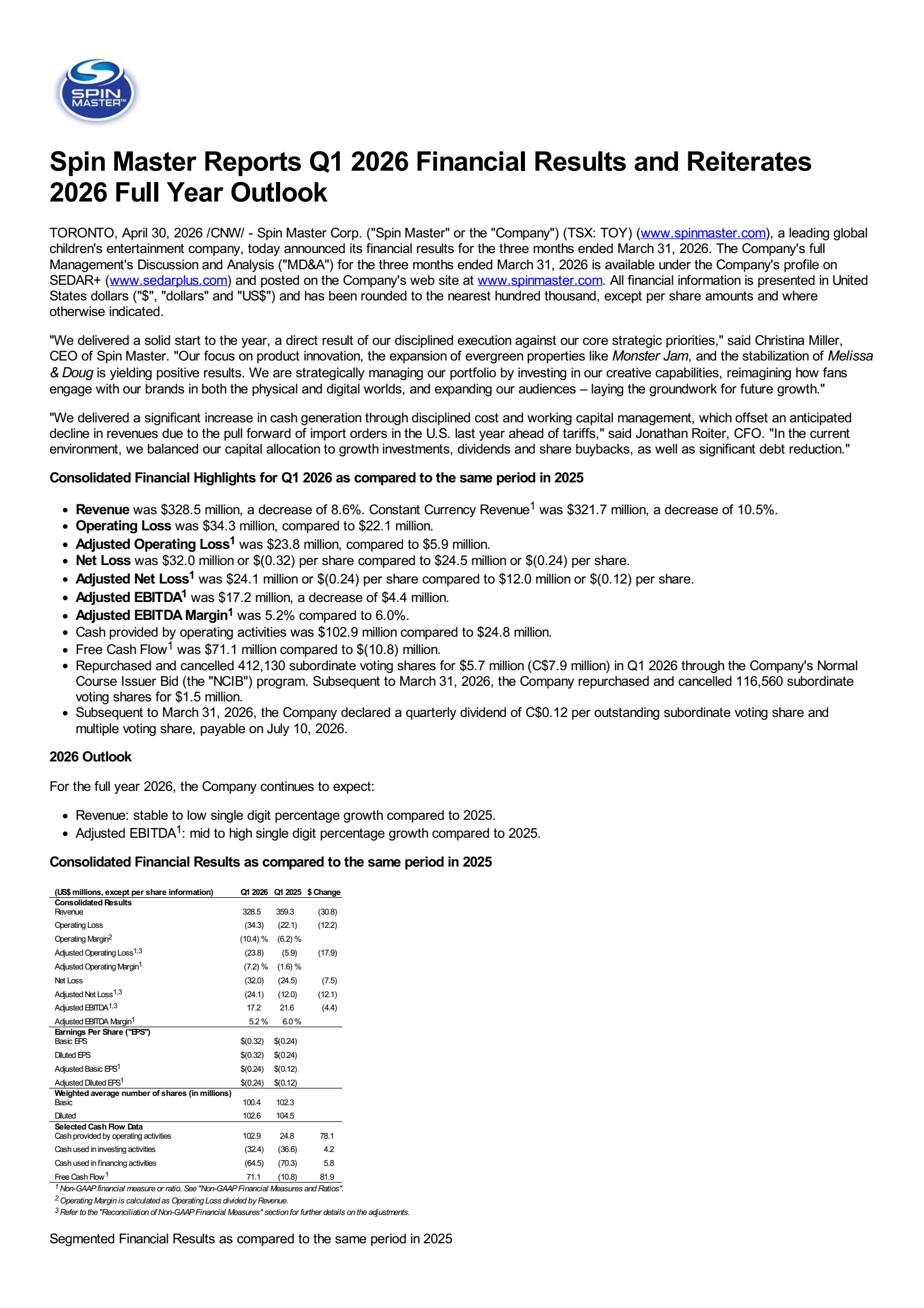Spin Master's Q1 2026 Press Release