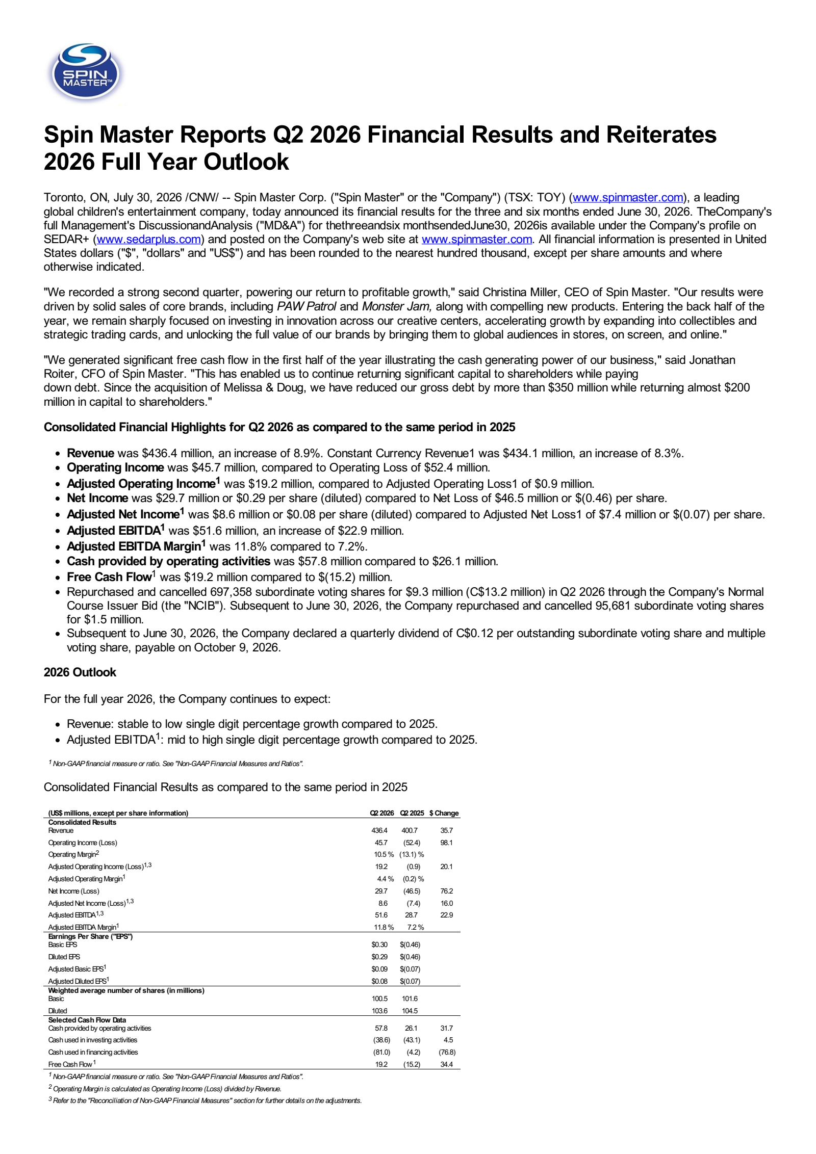Spin Master's Q2 2026 Press Release