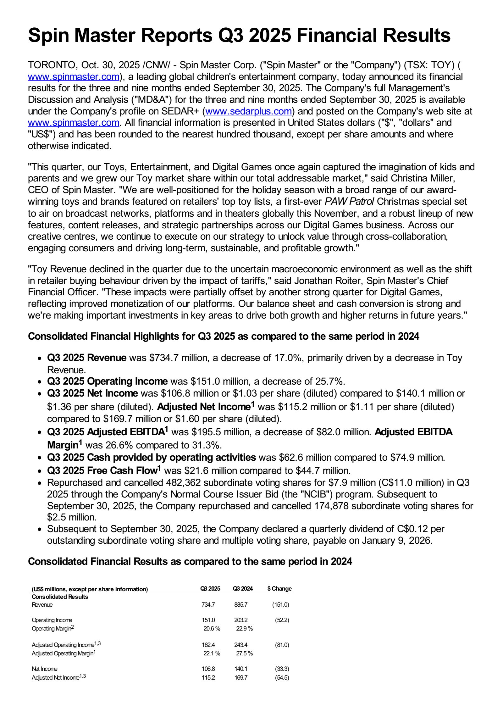 Spin Master's Q3 2025 Earnings Release