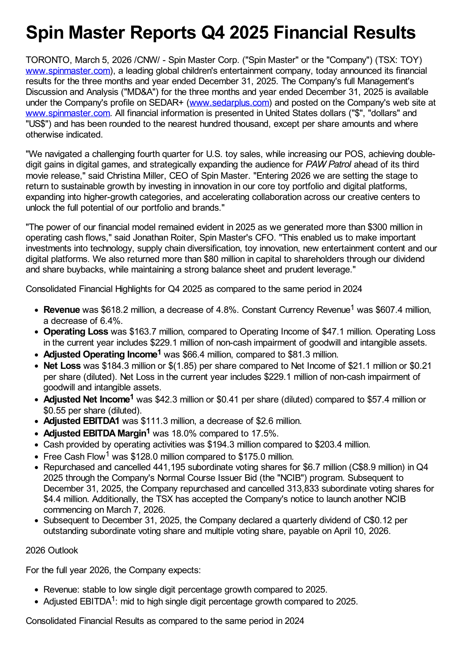 Spin Master's Q4 2025 Press Release