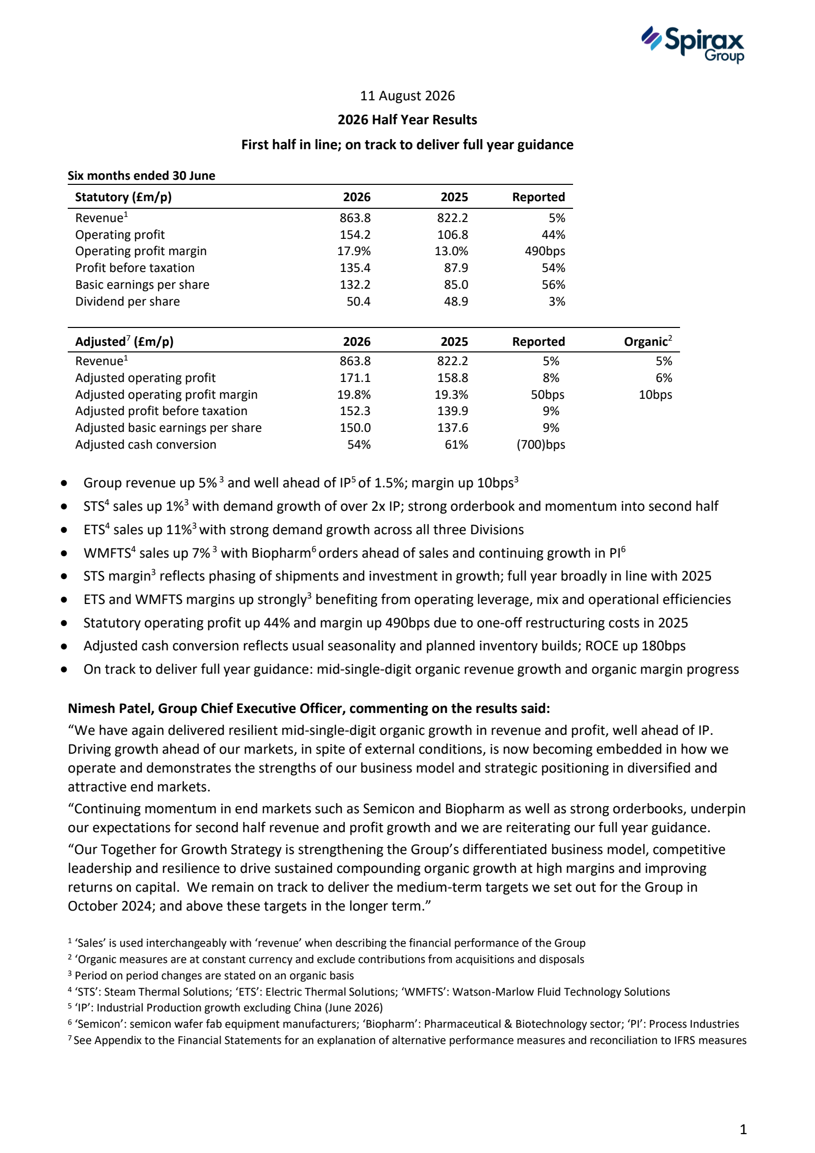 Spirax-Sarco Engineering's H1 2026 Press Release