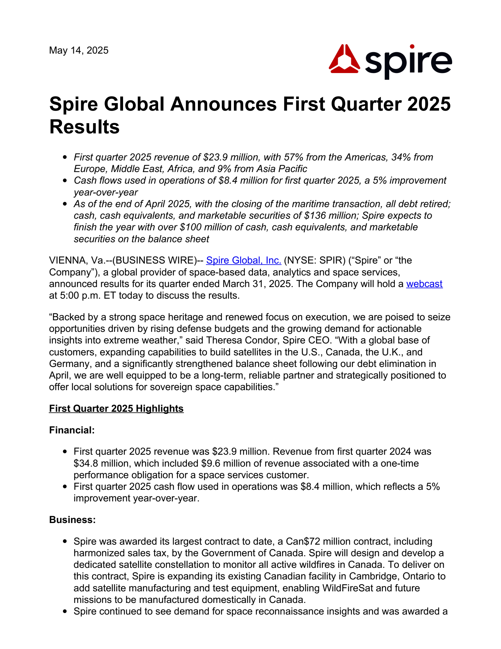 Spire Global's Q1 2025 Press Release