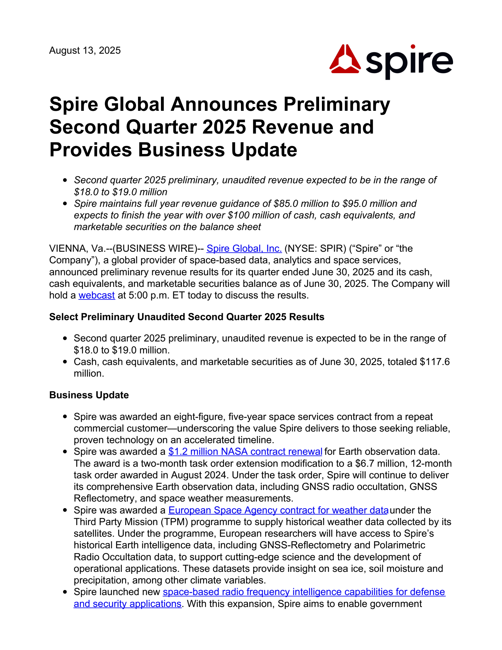 Spire Global's Q2 2025 Earnings Release