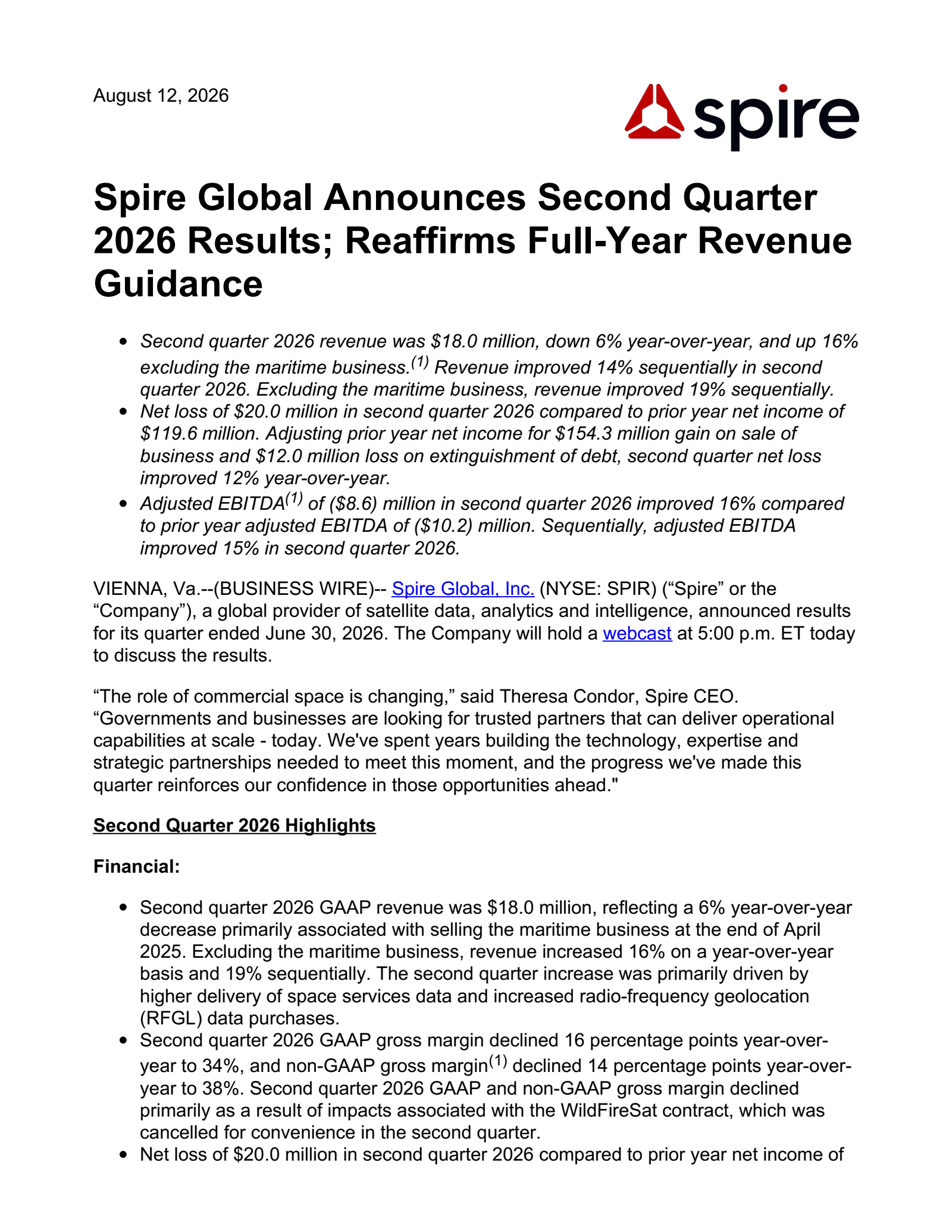Spire Global's Q2 2026 Press Release
