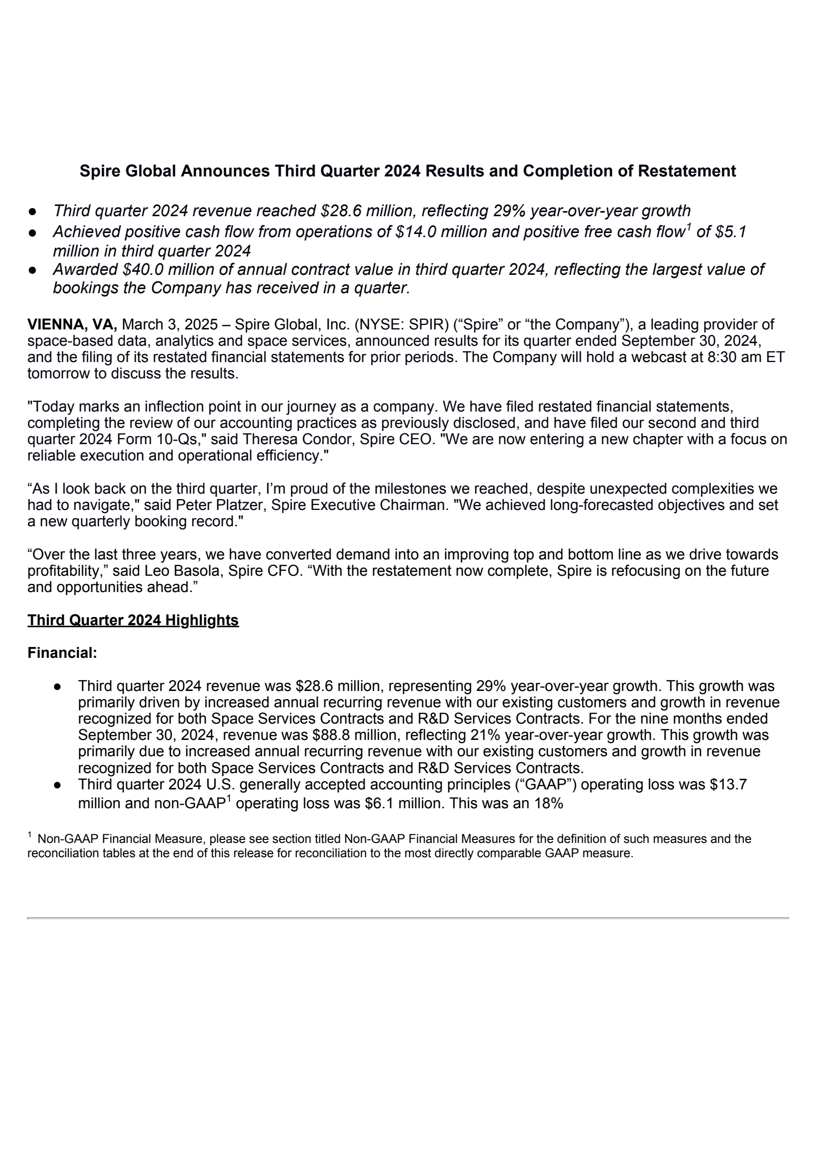 Spire Global's Q3 2024 Press Release