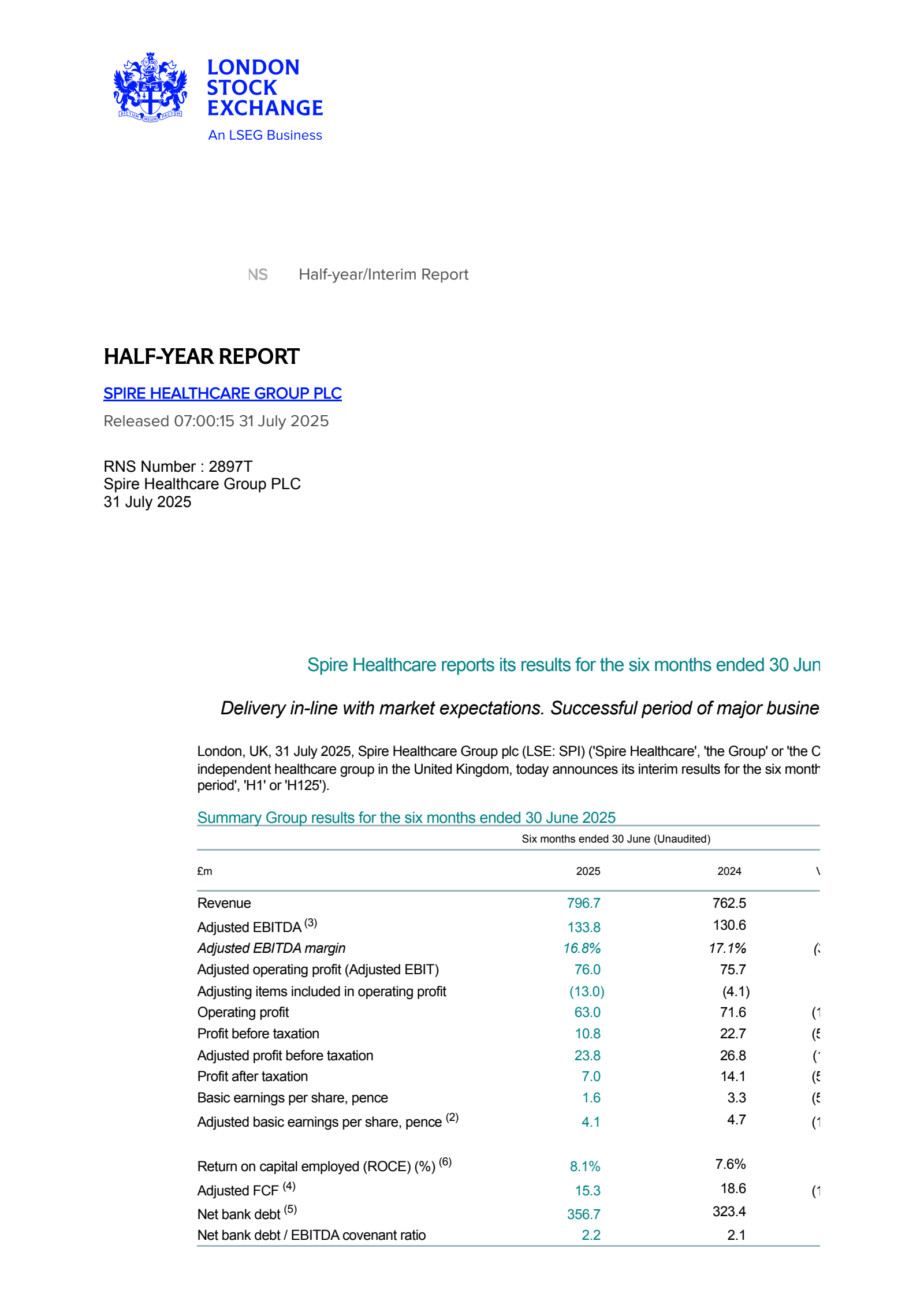 Spire Healthcare Group's H1 2025 Interim report