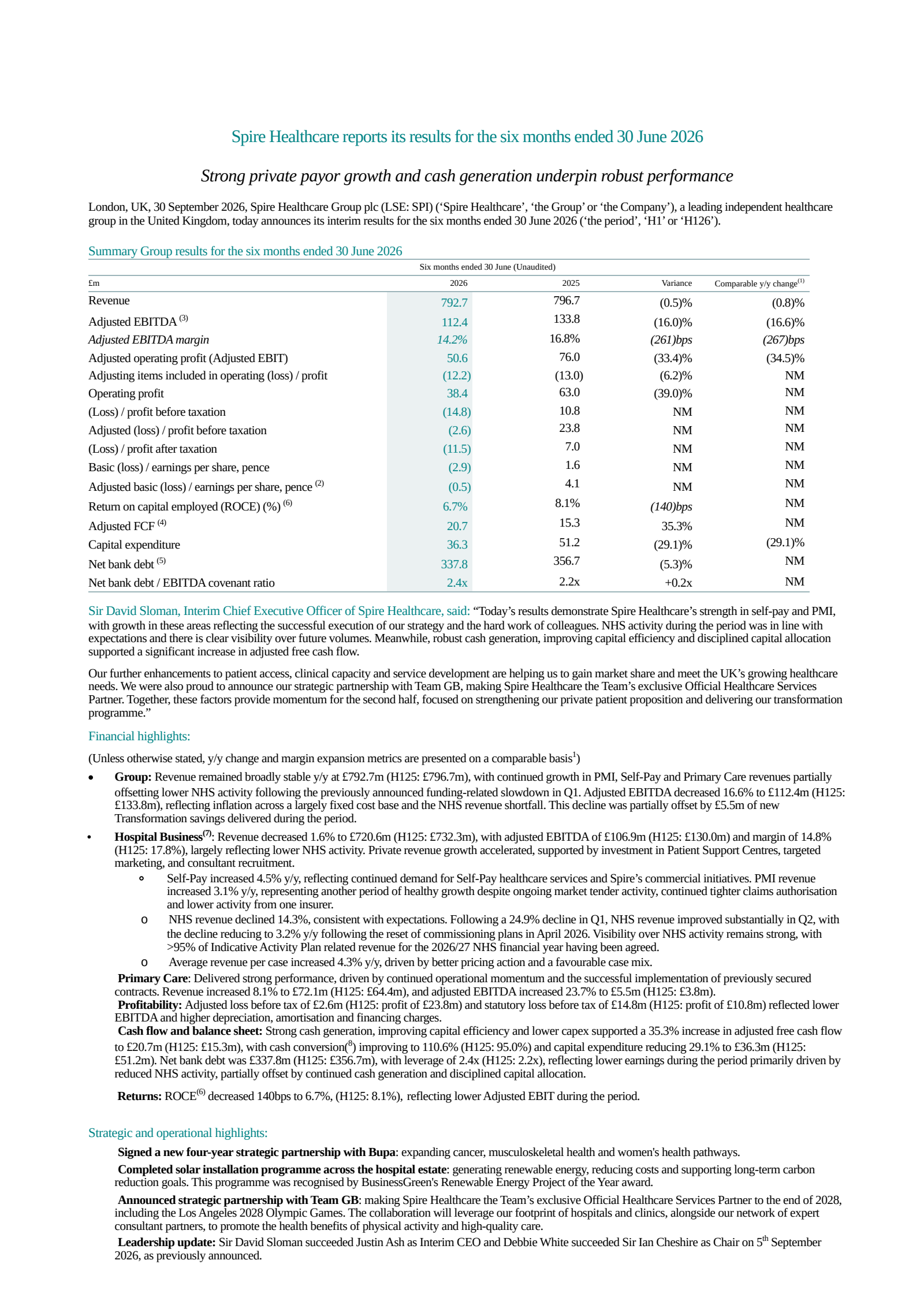 Spire Healthcare Group's H1 2026 Interim report