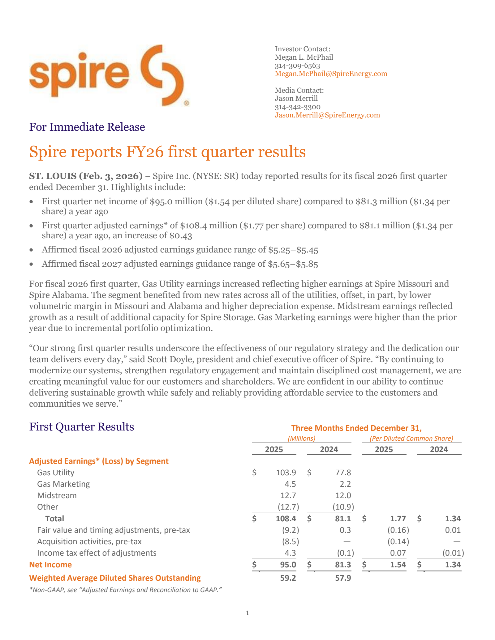 Spire's Q1 2026 Press Release