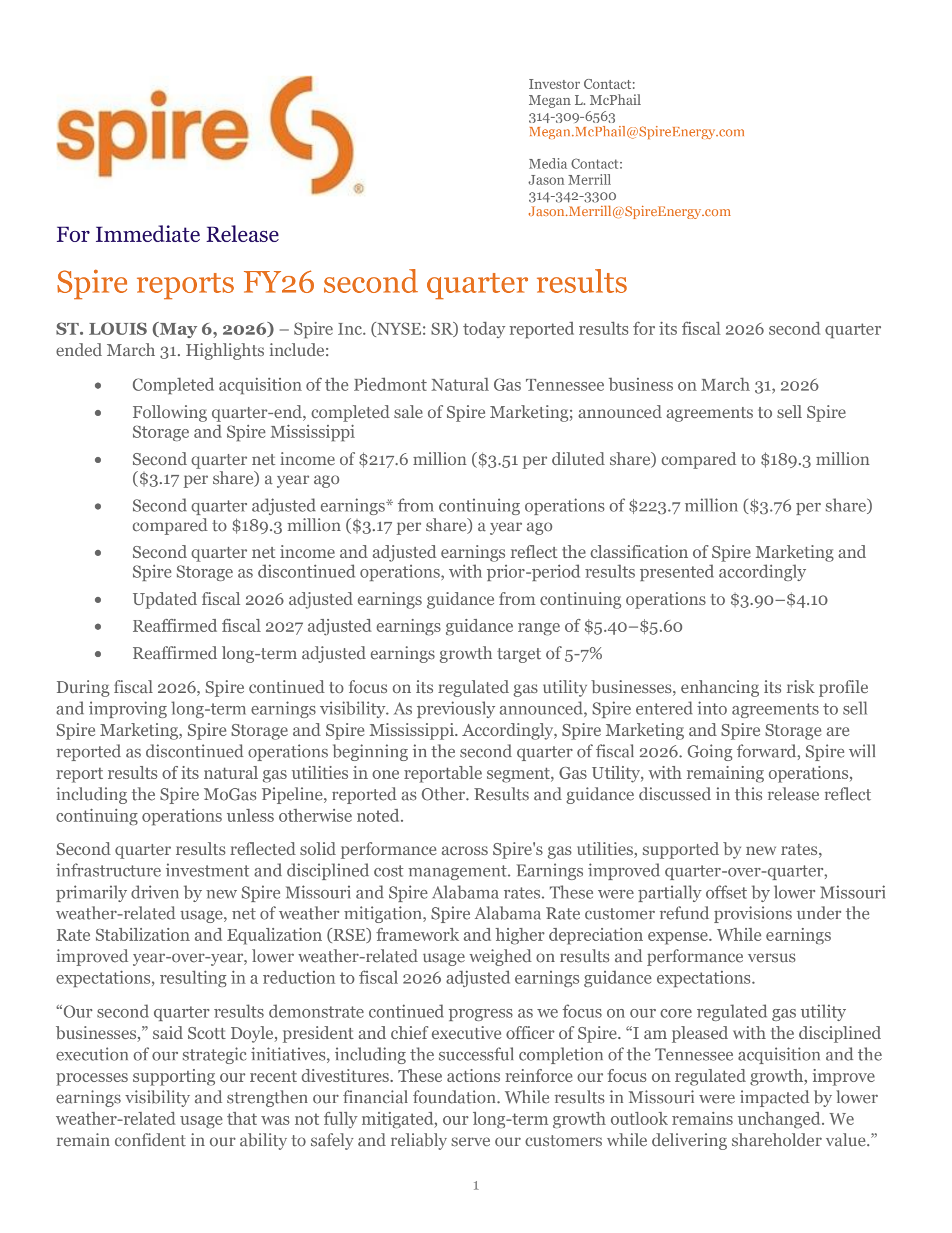 Spire's Q2 2026 Press Release