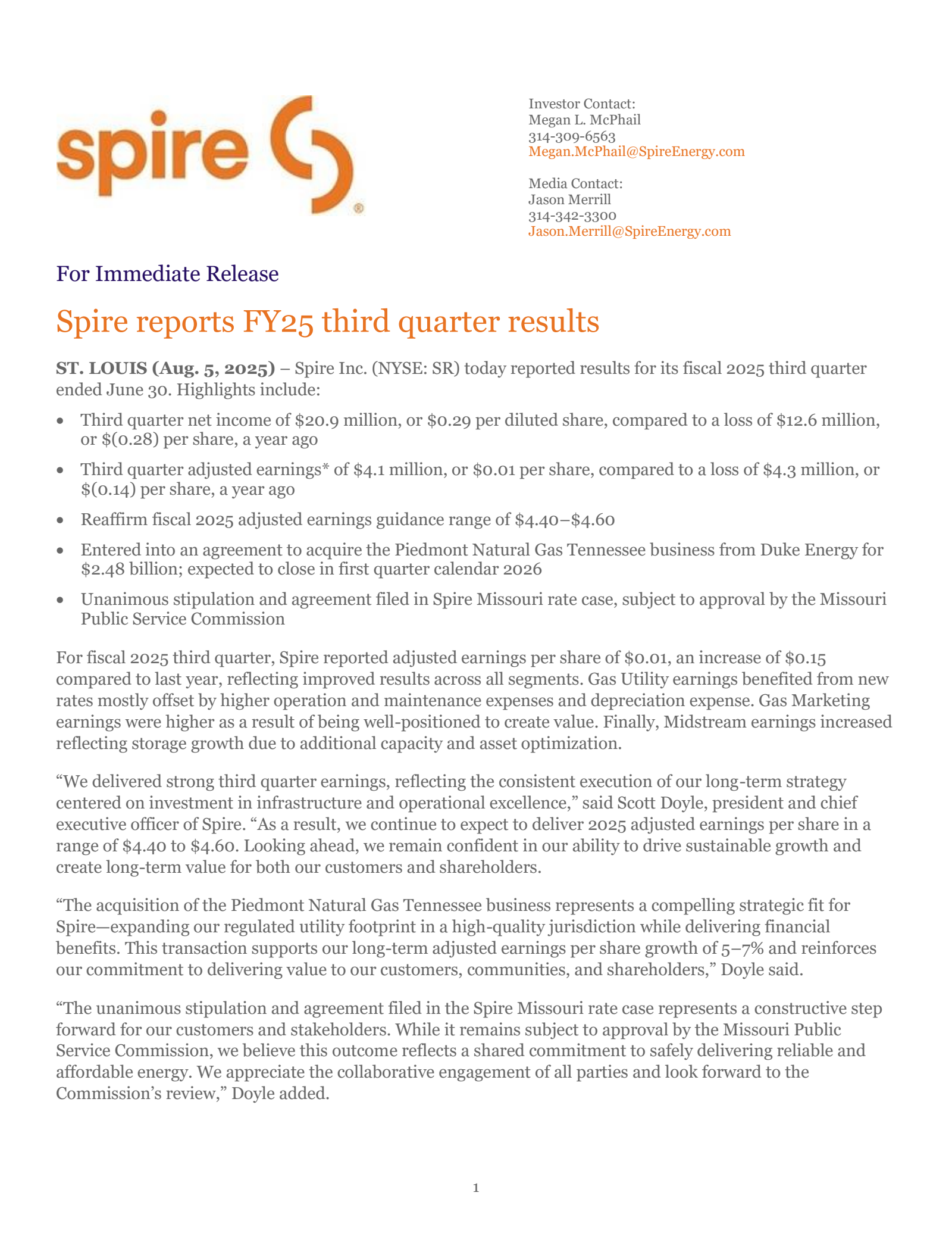 Spire's Q3 2025 Press Release