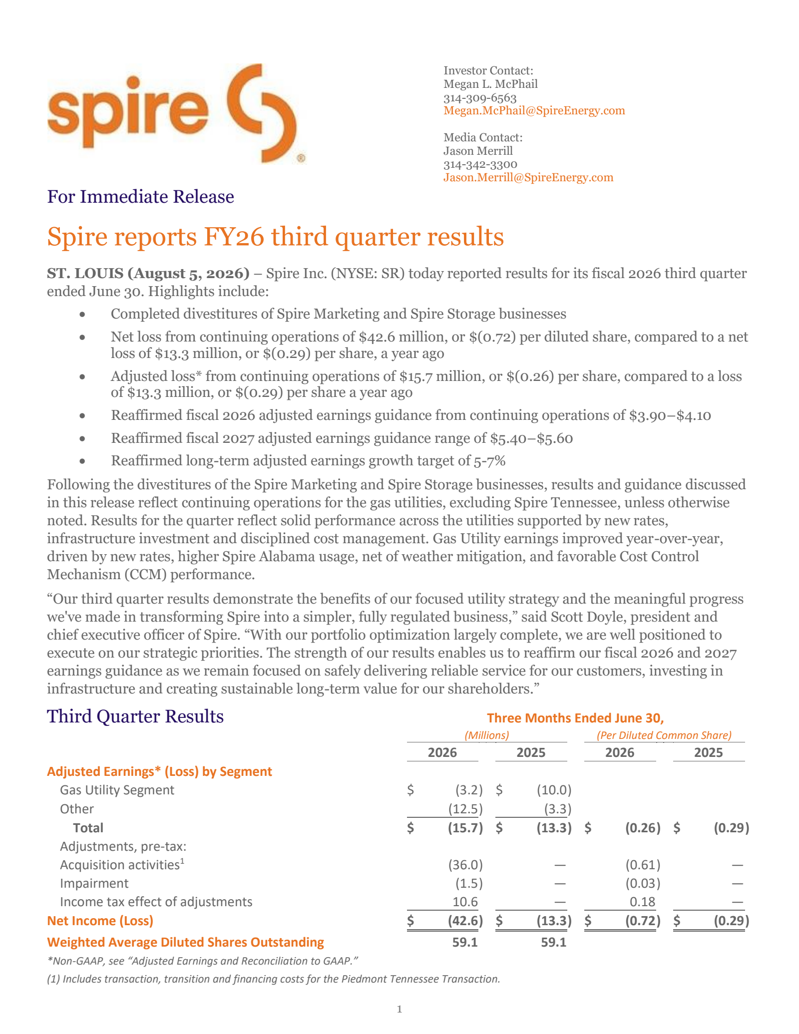 Spire's Q3 2026 Press Release