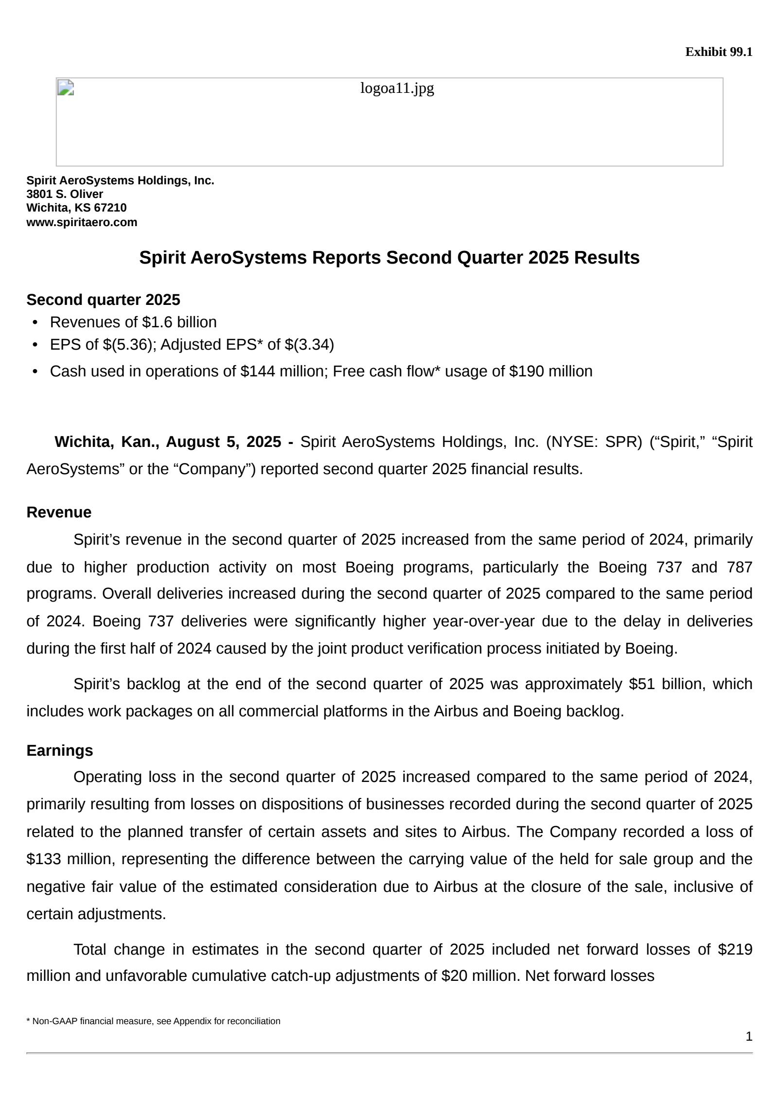 Spirit Aerosystems' Q2 2025 Press Release