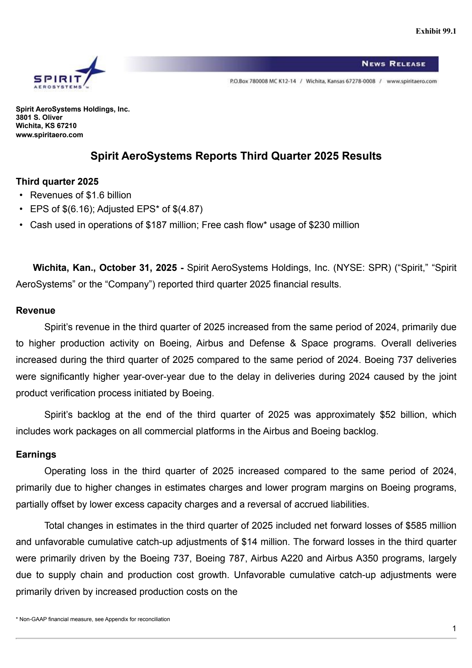 Spirit Aerosystems' Q3 2025 Earnings Release