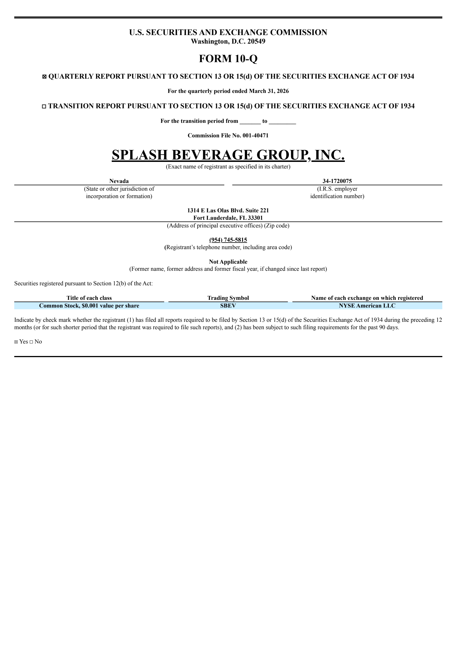 Splash Beverage Group's Q1 2026 Quarterly report