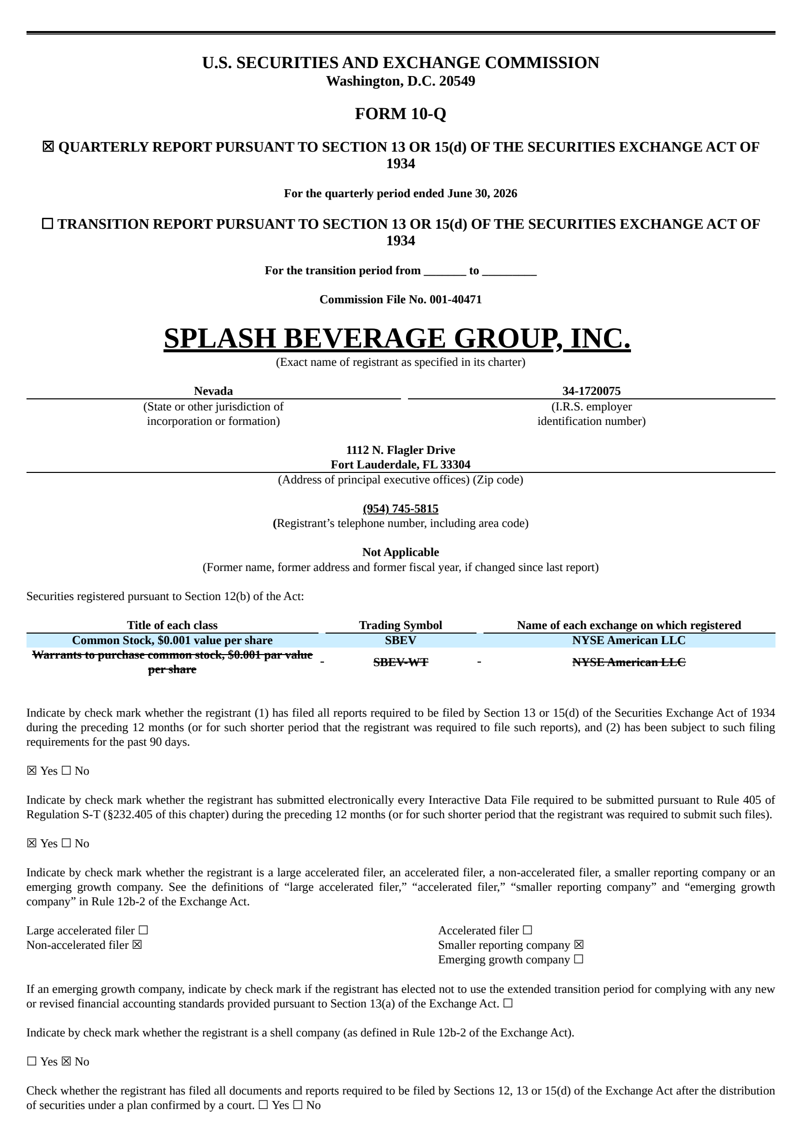 Splash Beverage Group's Q2 2026 Quarterly report