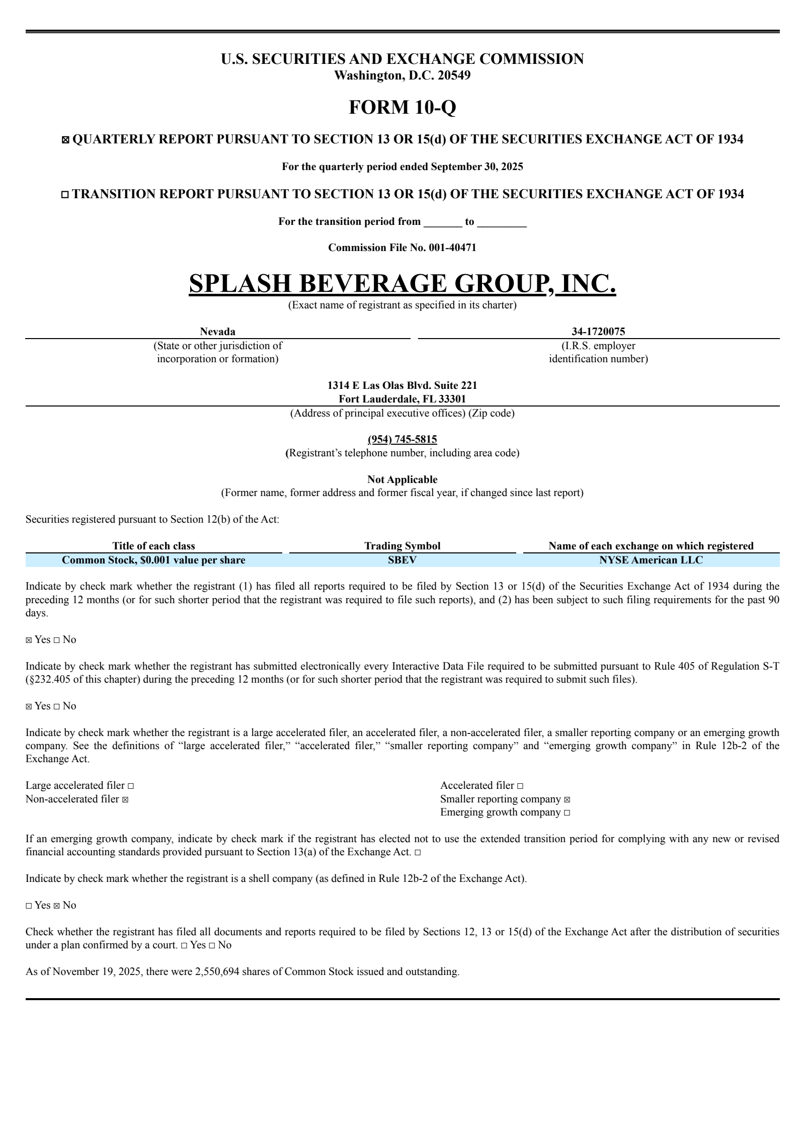 Splash Beverage Group's Q3 2025 Quarterly Report