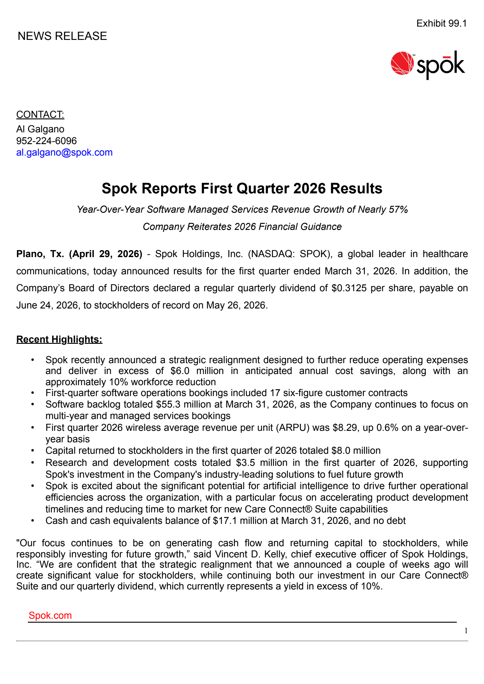 Spok's Q1 2026 Press Release
