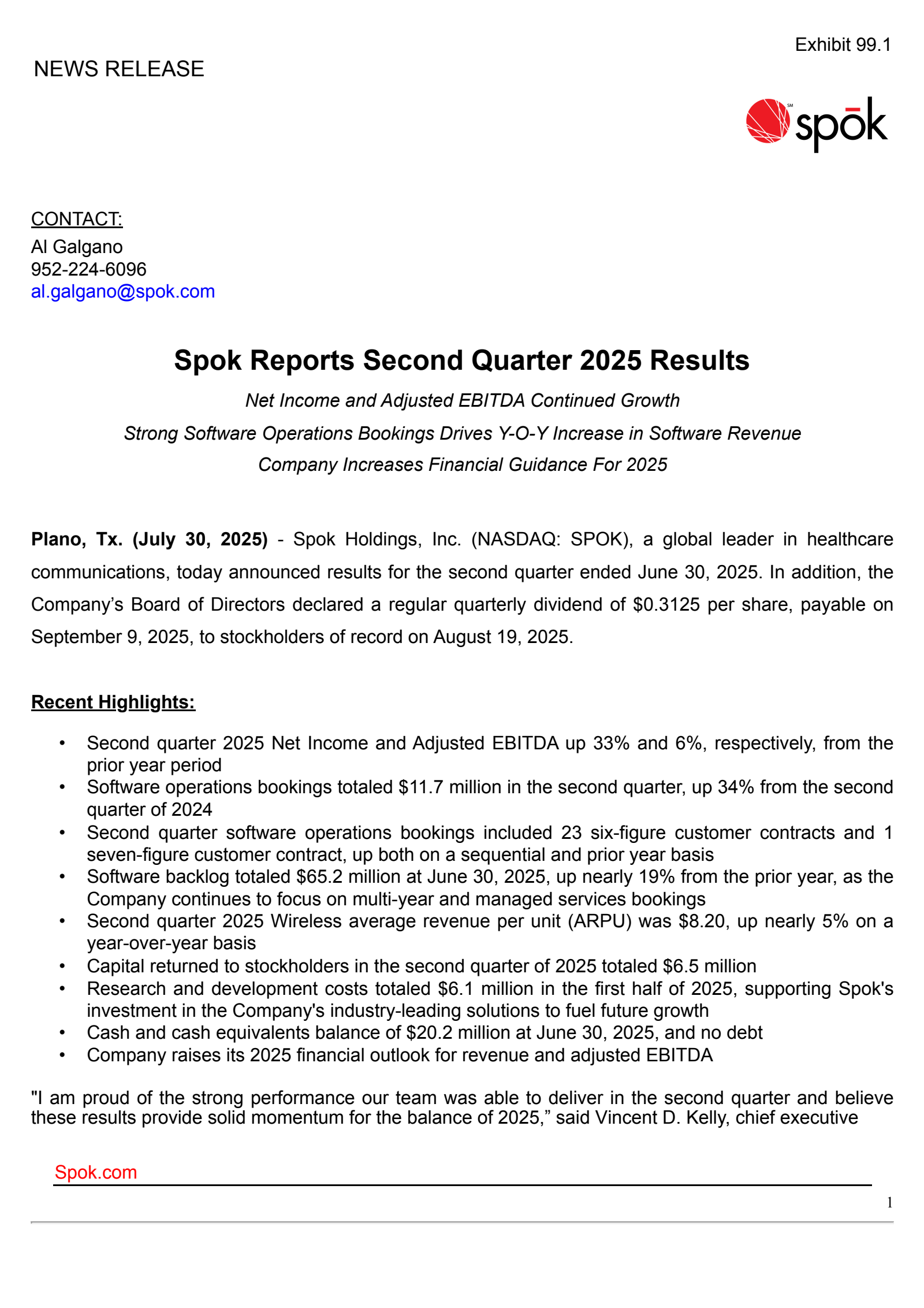 Spok's Q2 2025 Press Release