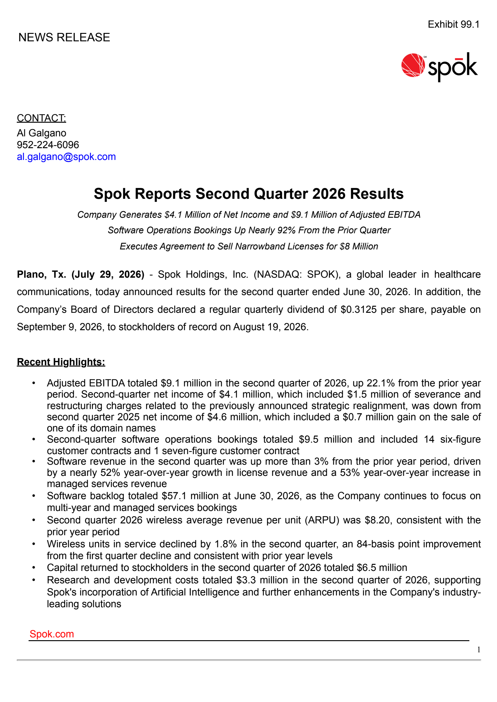 Spok's Q2 2026 Press Release