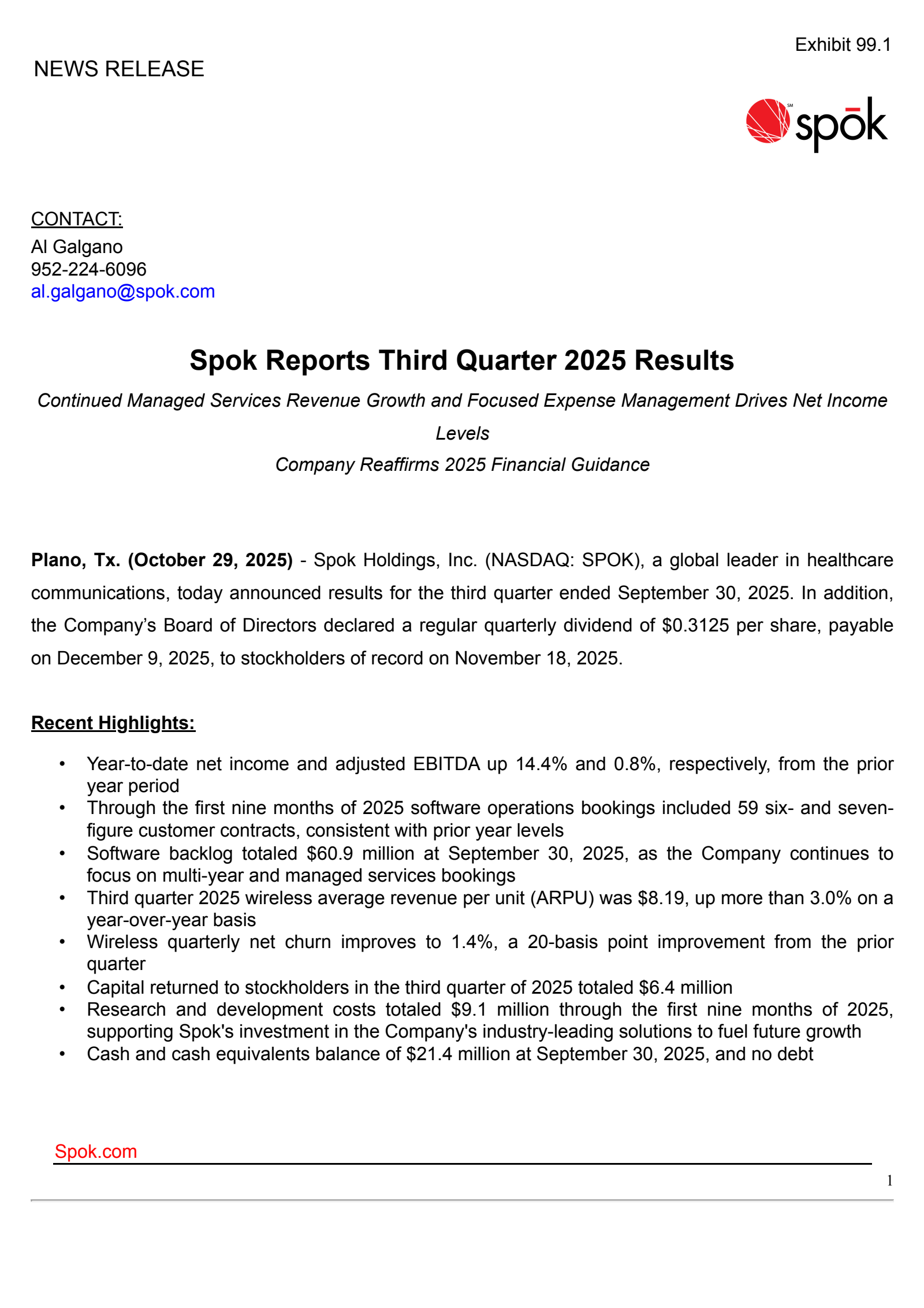 Spok's Q3 2025 Earnings Release