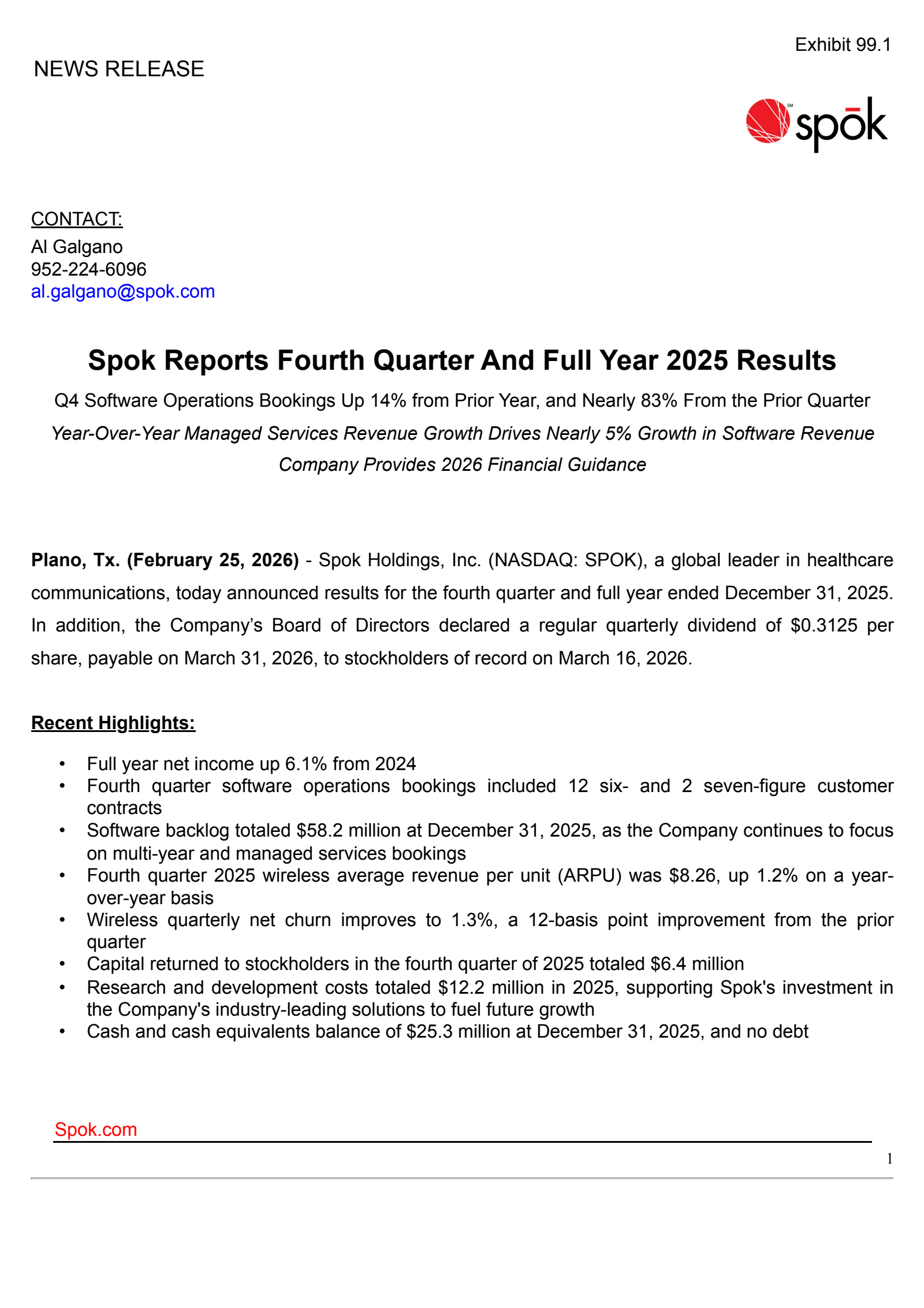 Spok's Q4 2025 Press Release