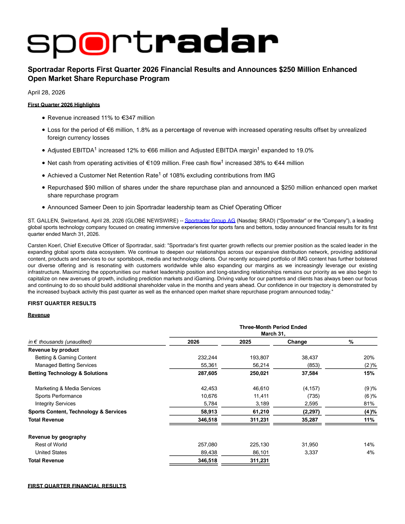 Sportradar Group's Q1 2026 Press Release