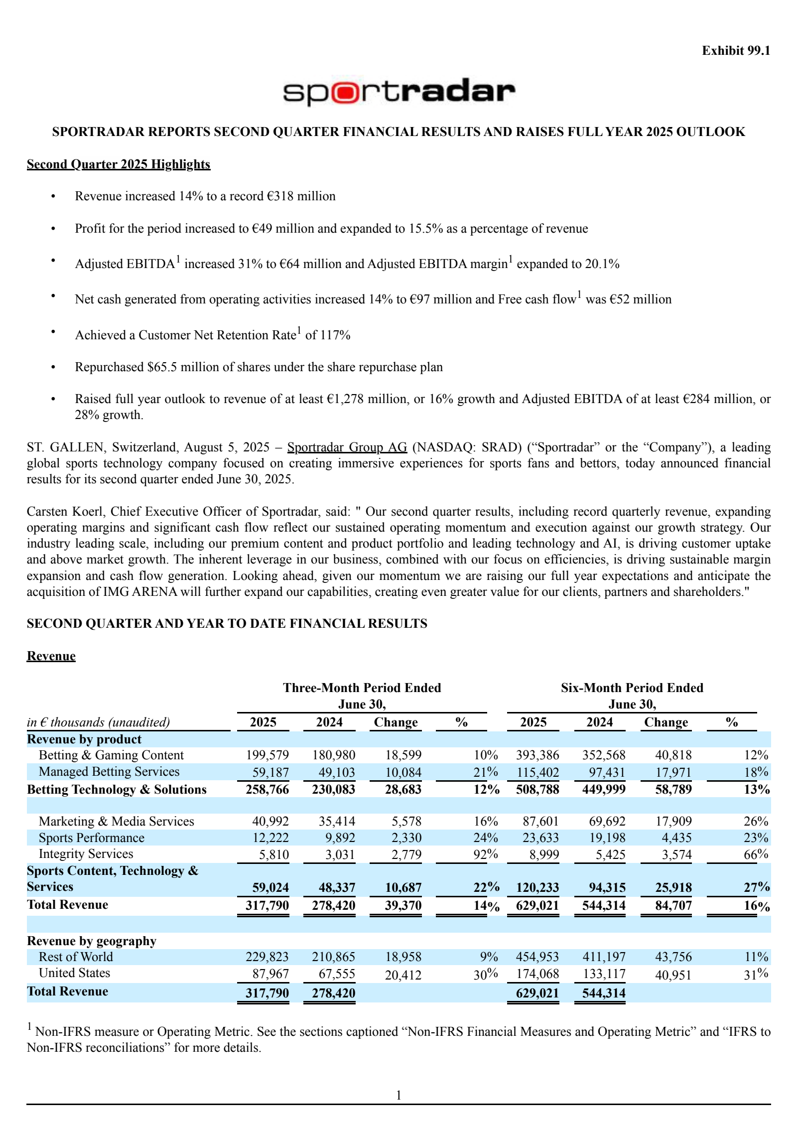 Sportradar Group's Q2 2025 Press Release