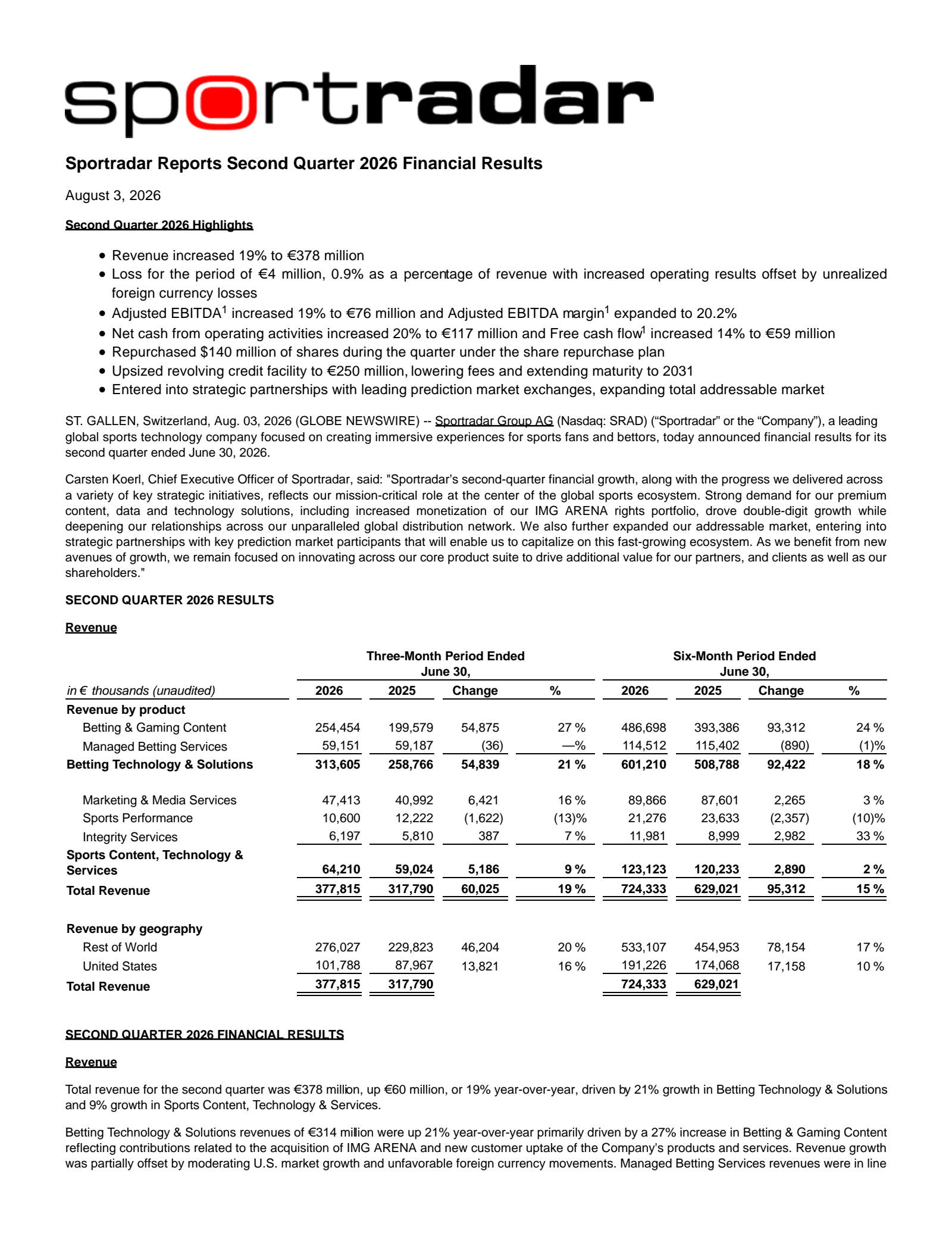 Sportradar Group's Q2 2026 Press Release