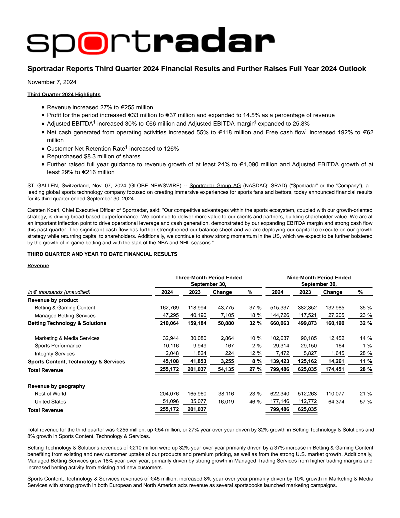 Sportradar Group's Q3 2024 Press Release