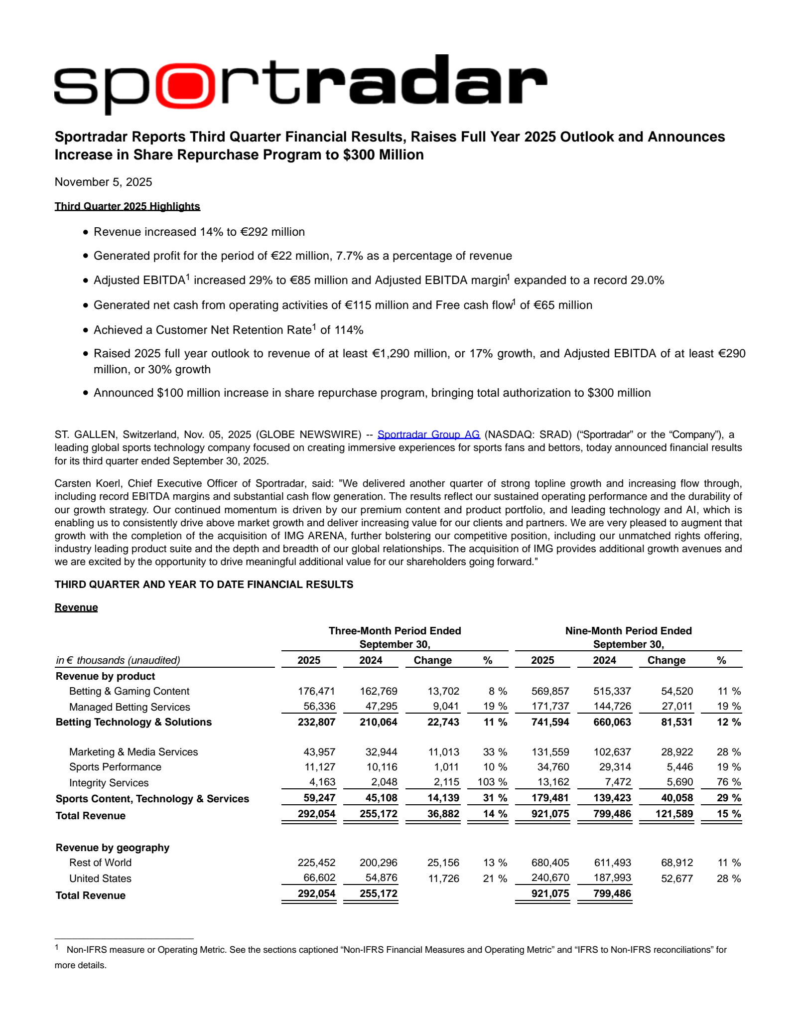 Sportradar Group's Q3 2025 Earnings Release