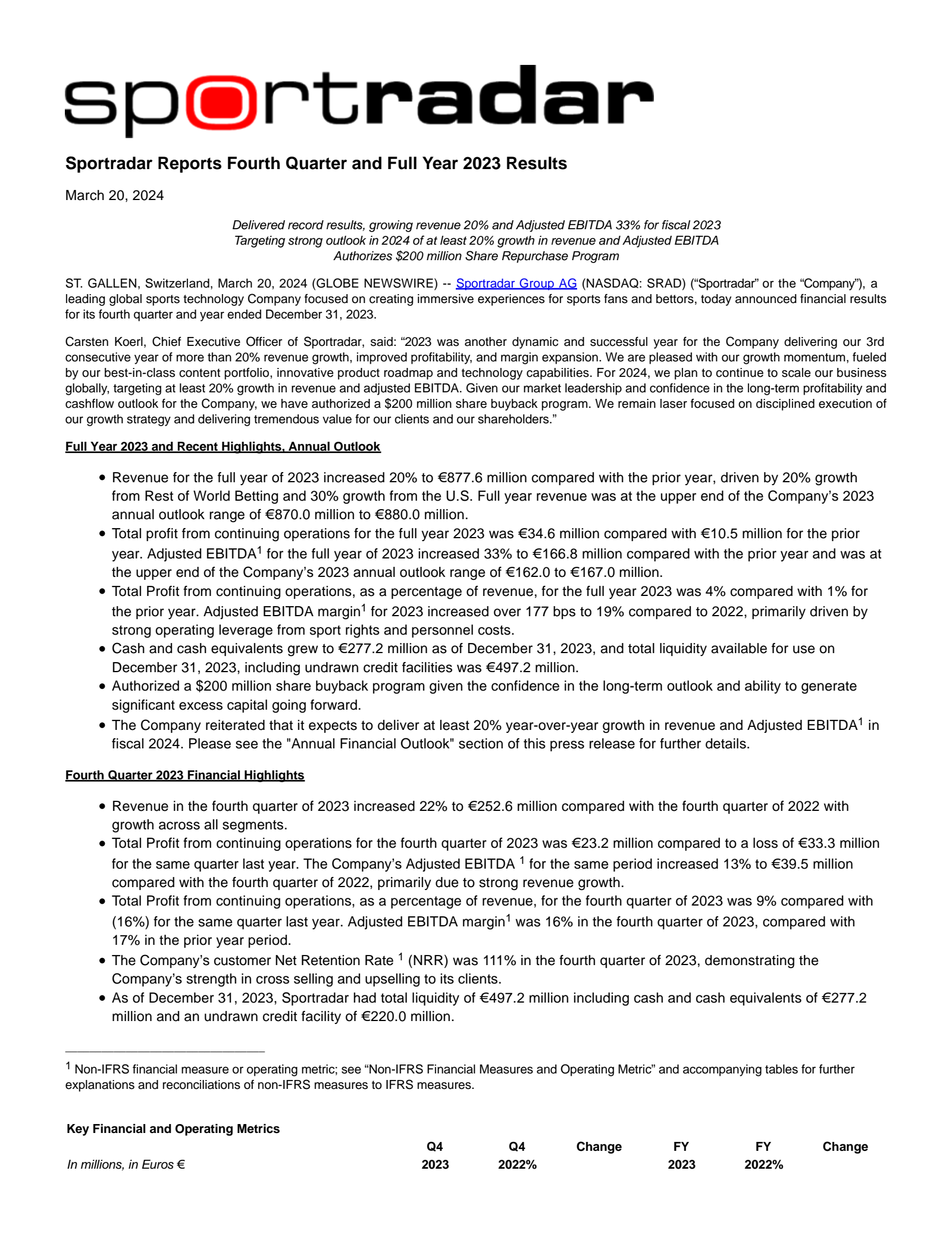 Sportradar Group's Q4 2023 Press Release