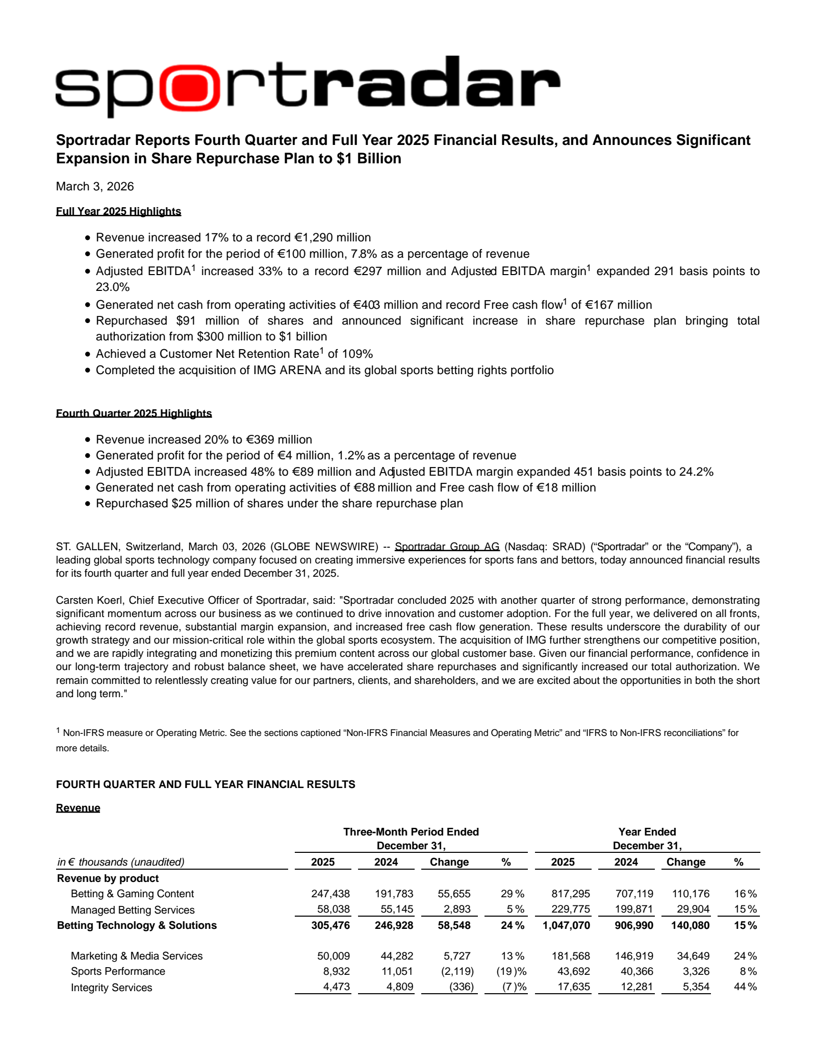Sportradar Group's Q4 2025 Press Release