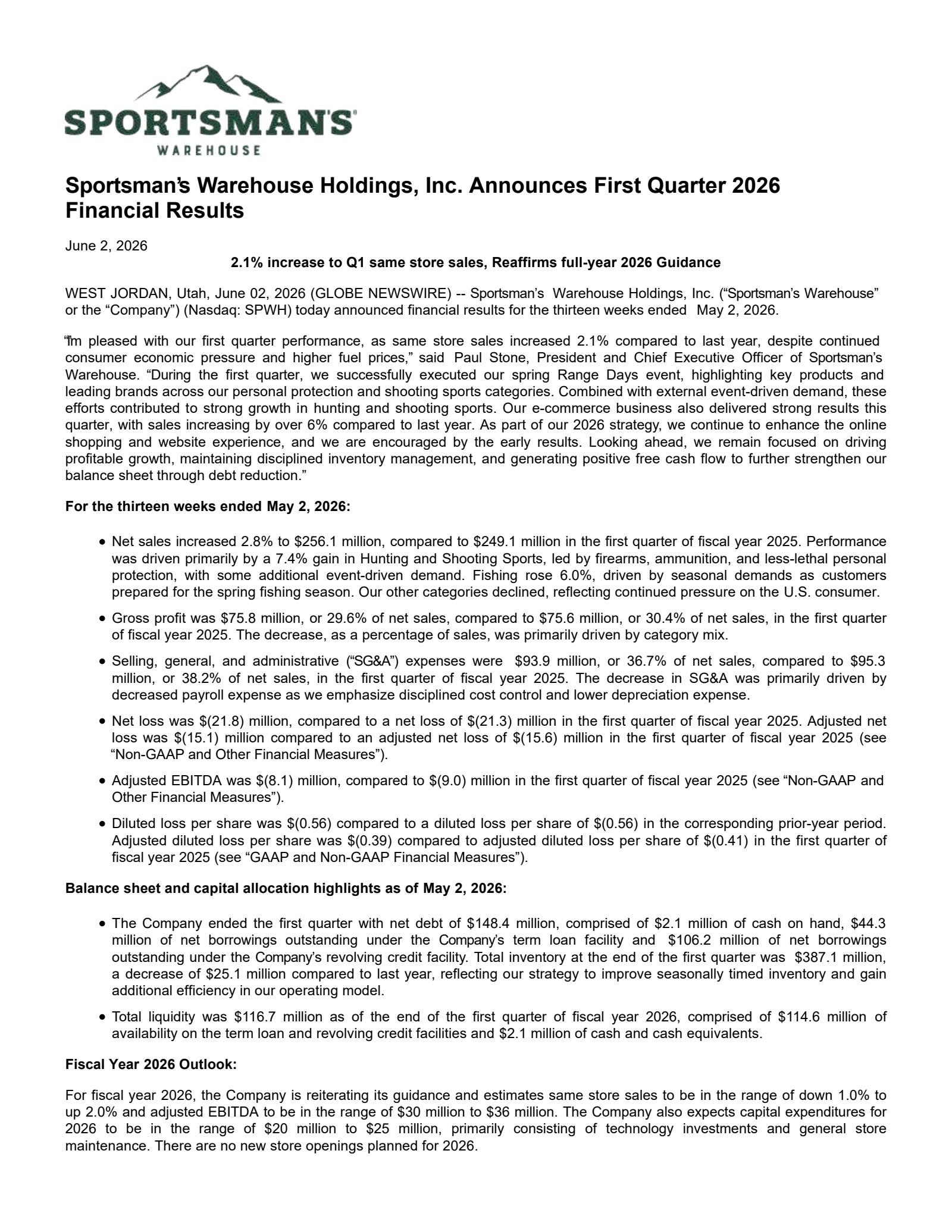Sportsman's Warehouse's Q1 2027 Press Release