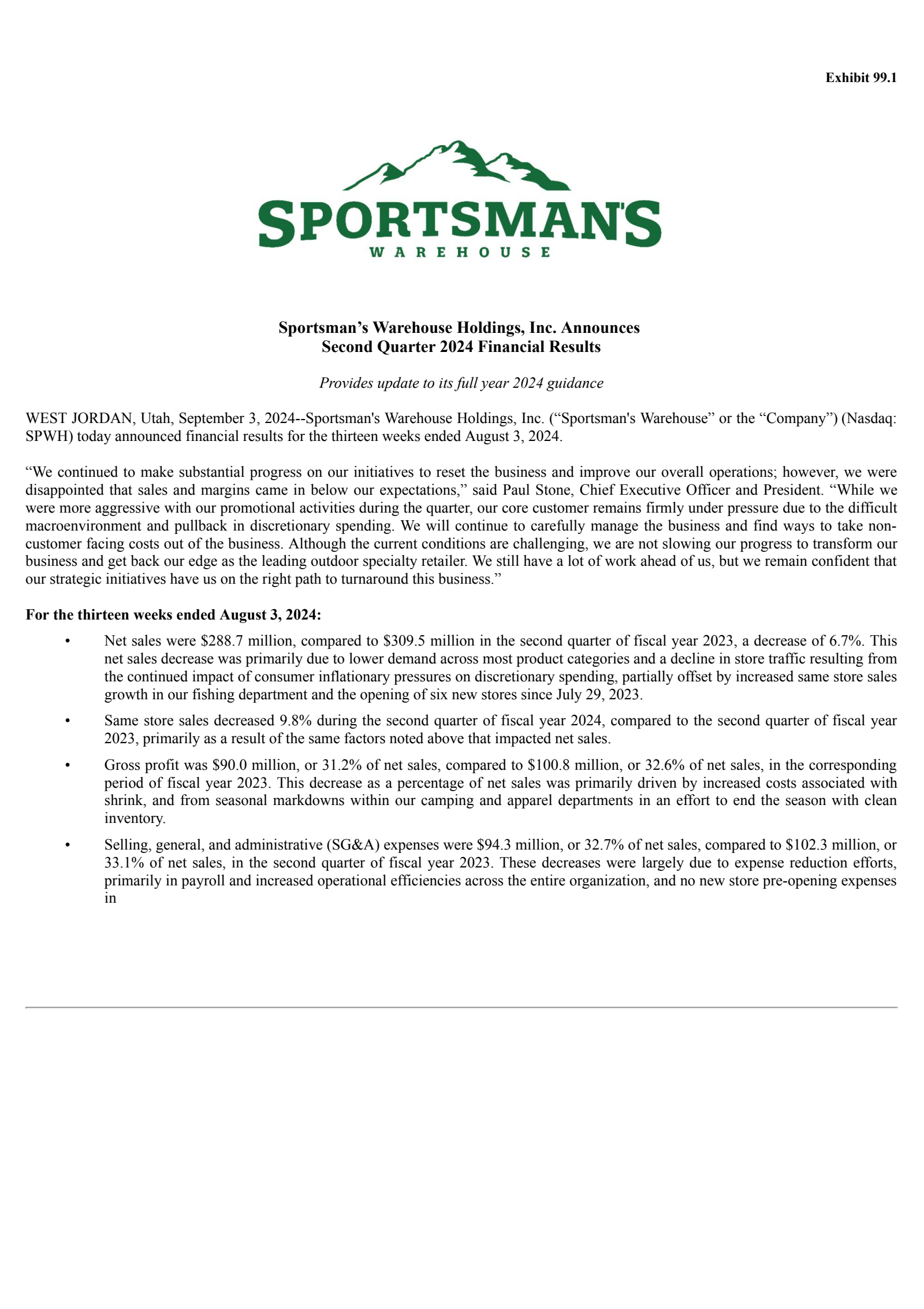 Sportsman's Warehouse's Q2 2025 Press Release